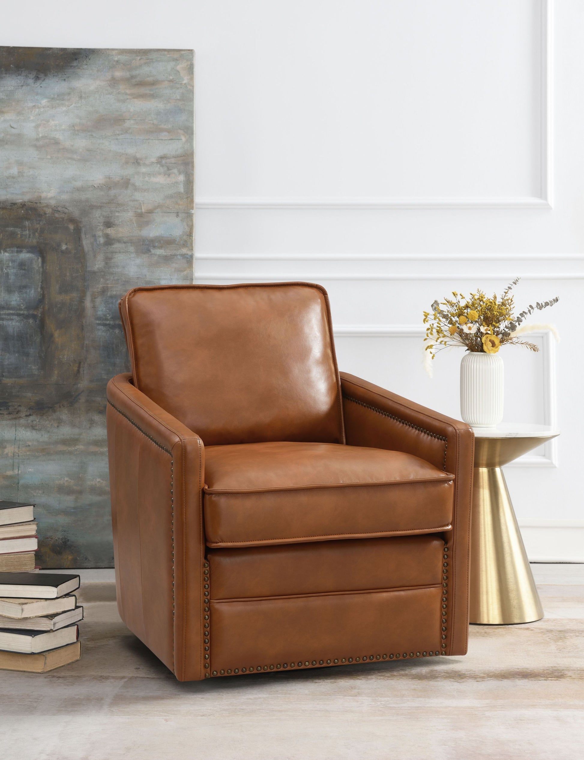 Rocha Accent Chair W Swivel, Brown Leather Aire Ac01886 Brown Leather