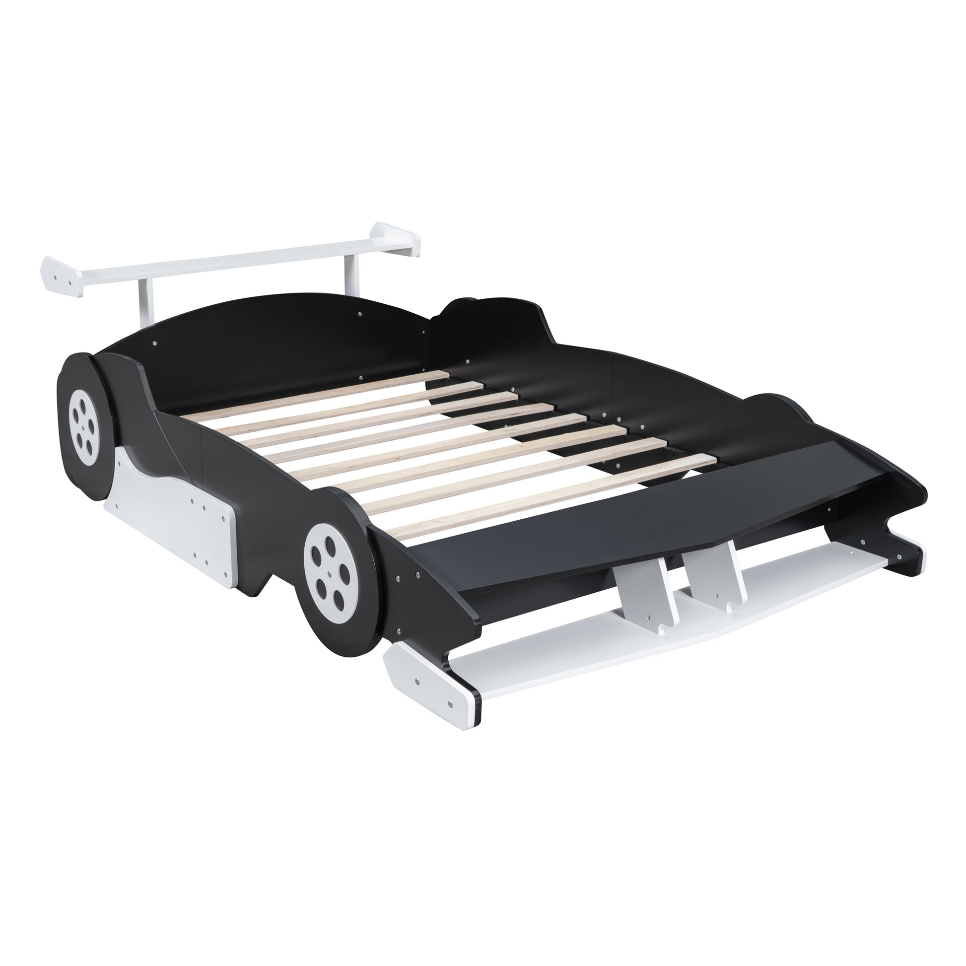 Full Size Race Car Shaped Platform Bed With Wheels,Black Black Plywood