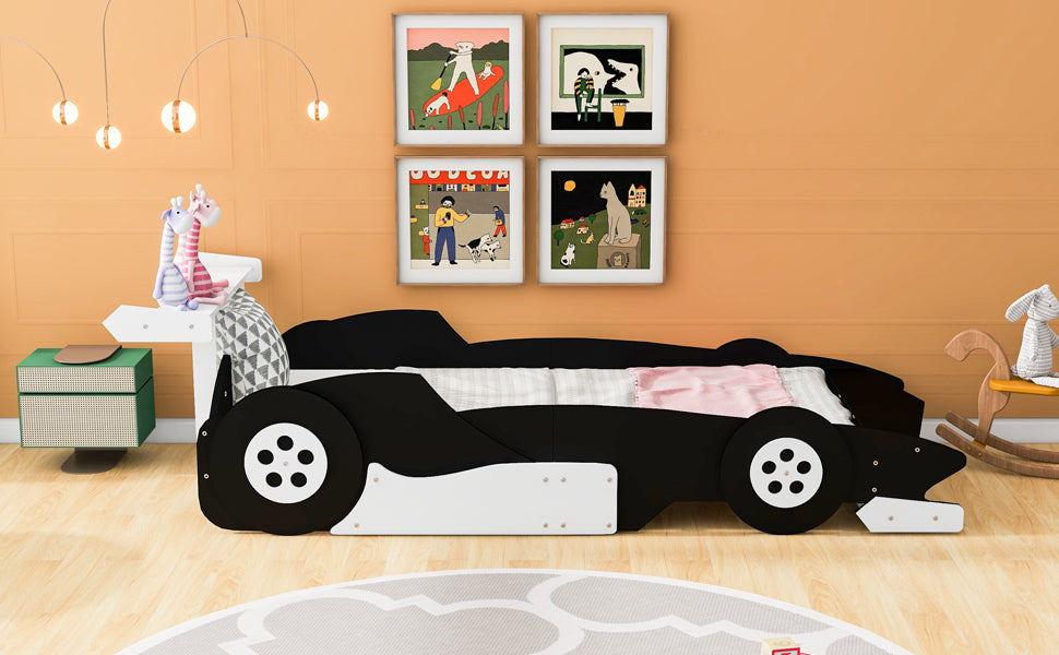 Twin Size Race Car Shaped Platform Bed With Wheels,Black Black Plywood