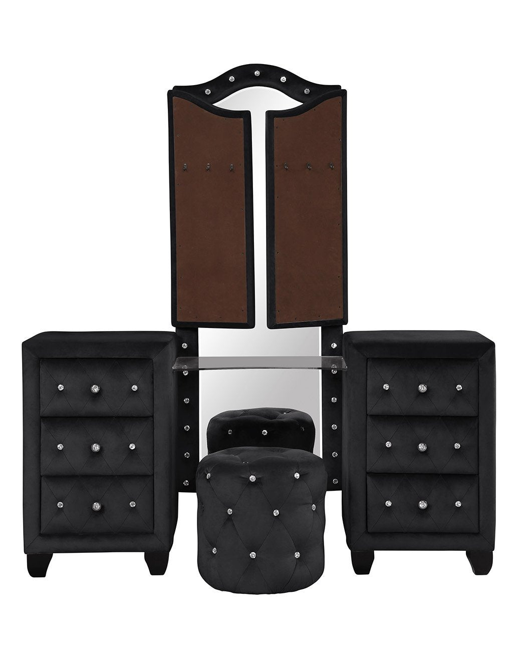 Maya Crystal Tufted Queen 5 Pc Vanity Bedroom Set Made With Wood In Black Box Spring Not Required Queen Black Wood 5 Piece Set Bedroom Modern Upholstered Velvet Tufted Wood