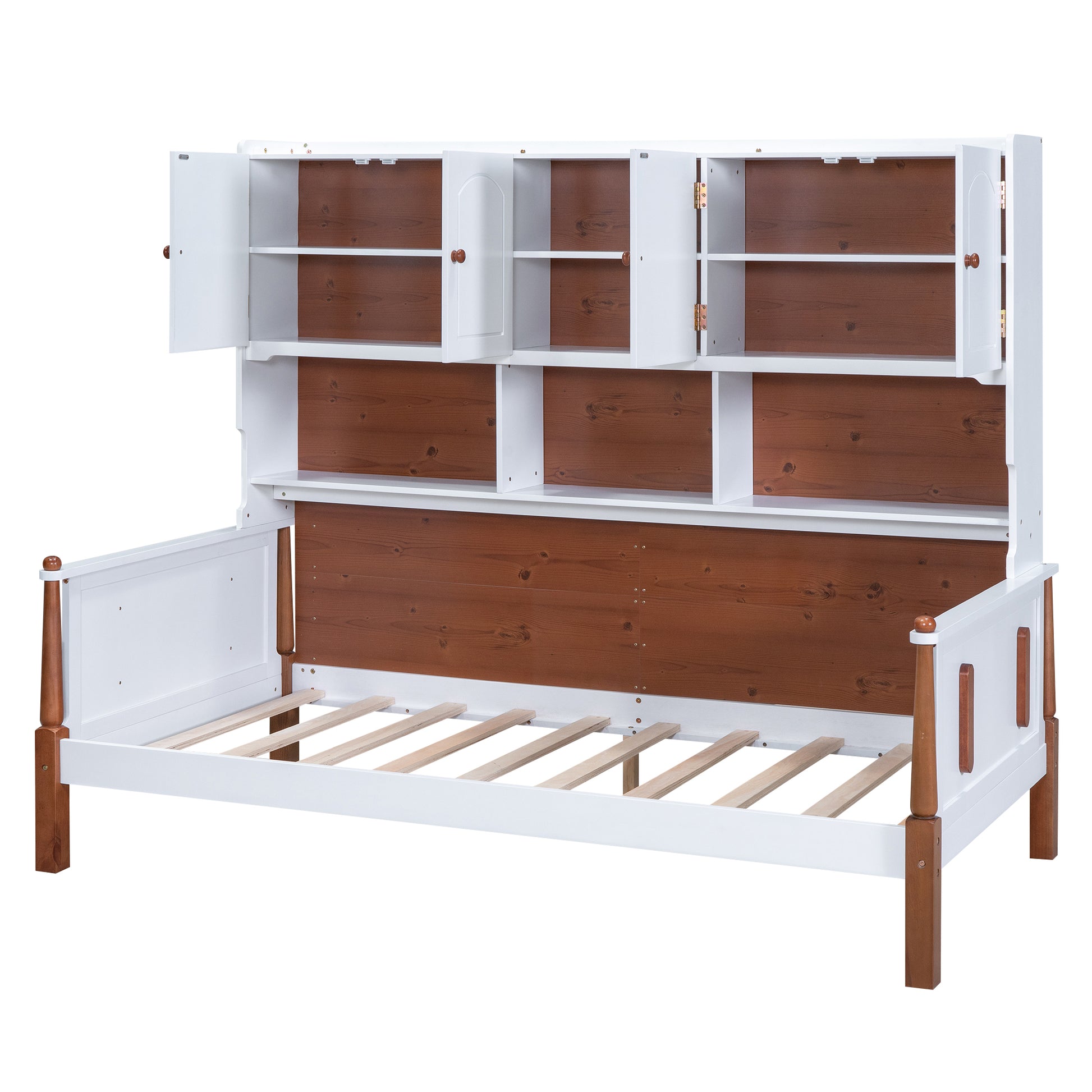 Twin Size Platform Bed With Multiple Storage, White Walnut Box Spring Not Required Twin White Walnut Wood Bedroom Solid Wood Mdf