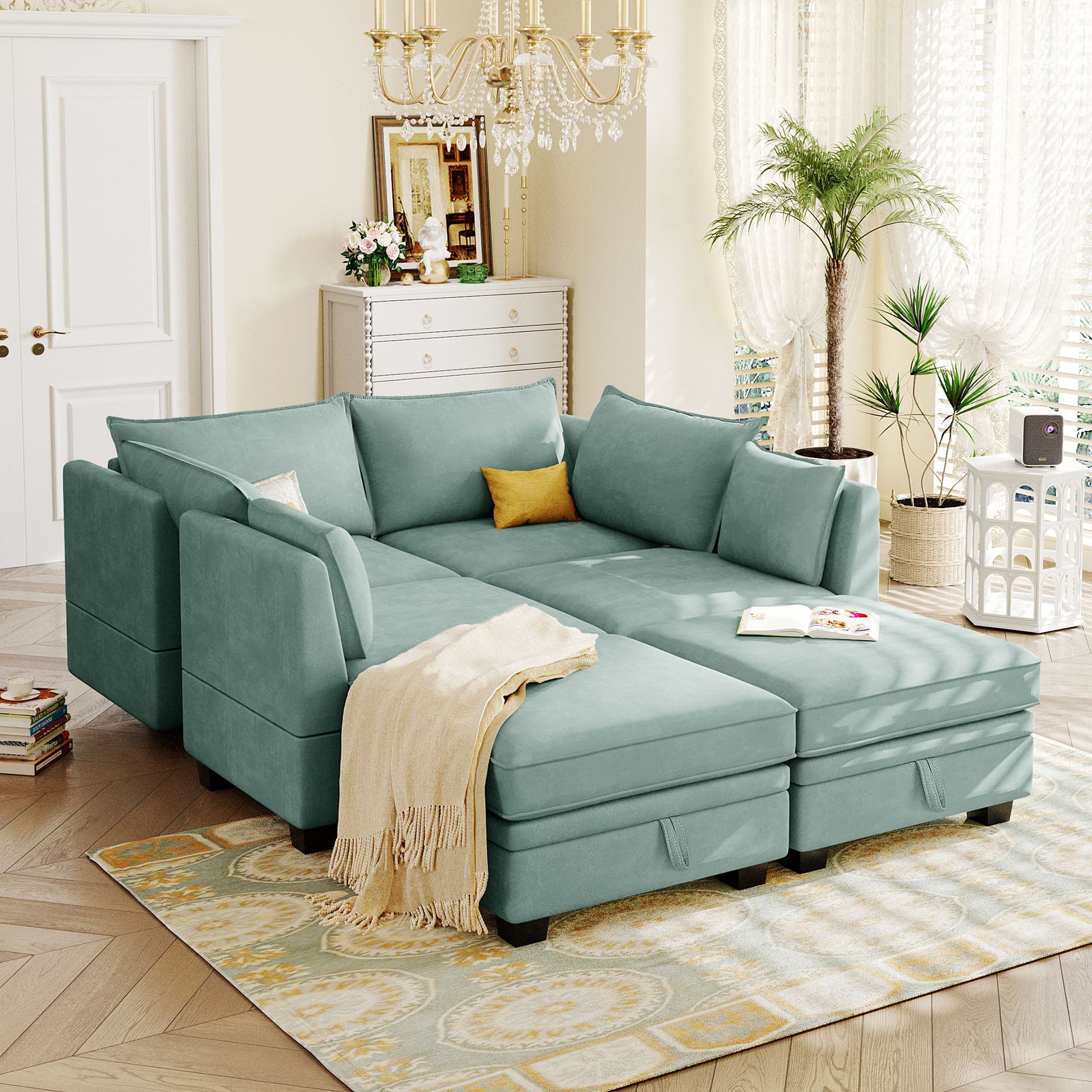 Modern Large U Shape Modular Sectional Sofa, Convertible Sofa Bed With Reversible Chaise For Living Room, Storage Seat Light Green Linen