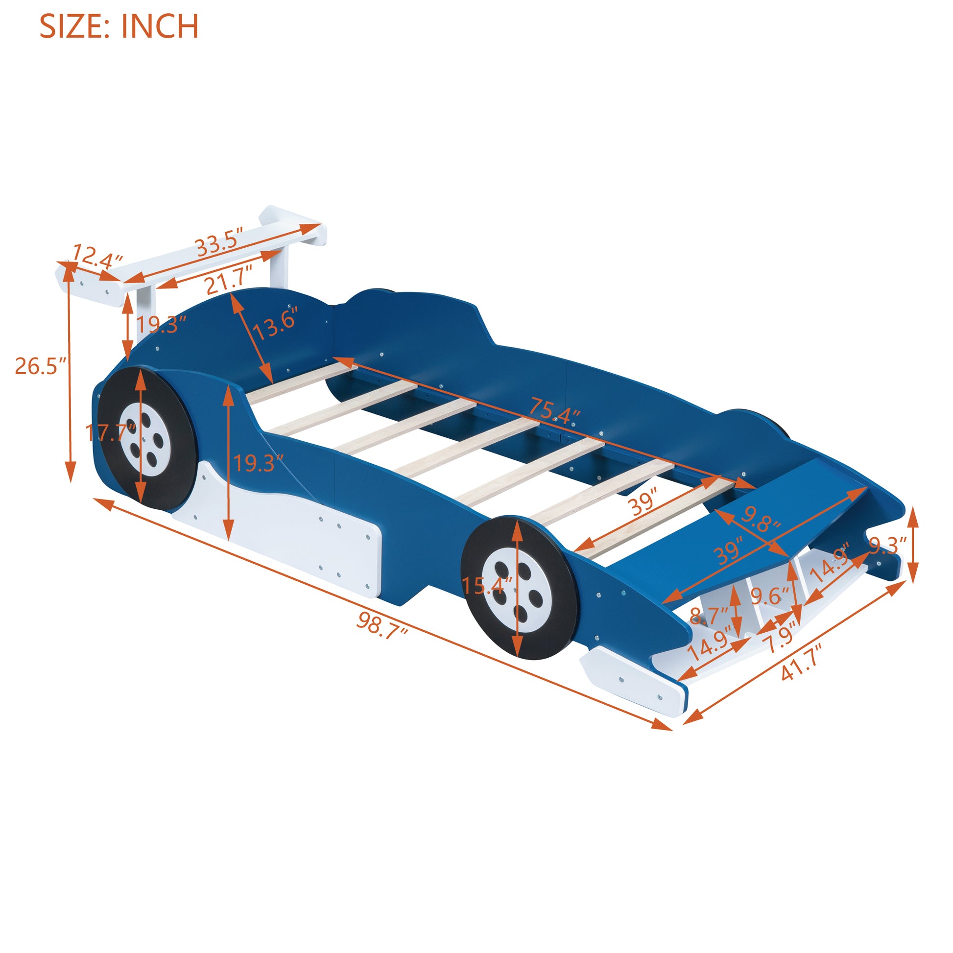 Twin Size Race Car Shaped Platform Bed With Wheels,Blue Blue Plywood