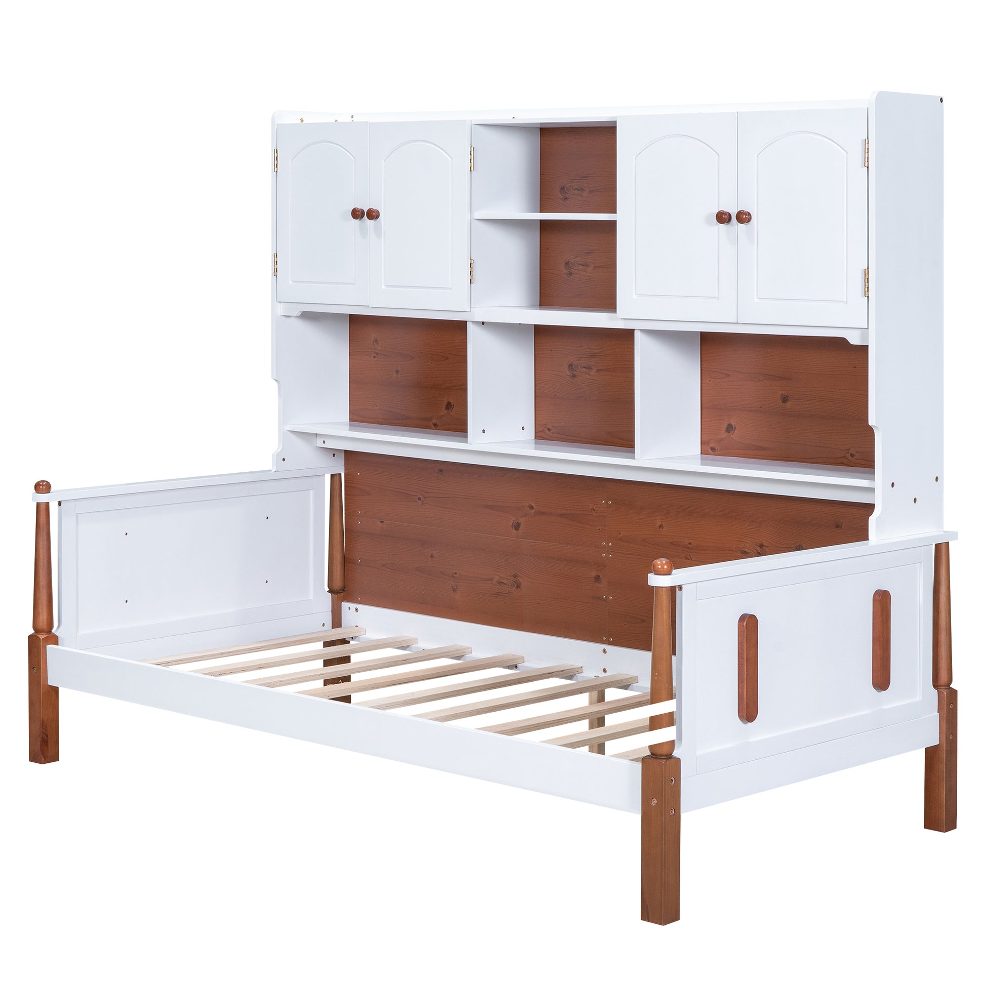 Twin Size Platform Bed With Multiple Storage, White Walnut Box Spring Not Required Twin White Walnut Wood Bedroom Solid Wood Mdf