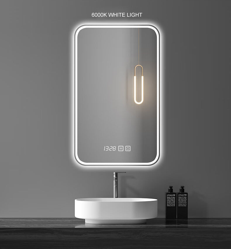 20*28 Inch Led Vanity Smart Mirror With Time And Temperature Display, Equipped With Defogging And Gradient 3 Color Lighting. Gloss White Glass