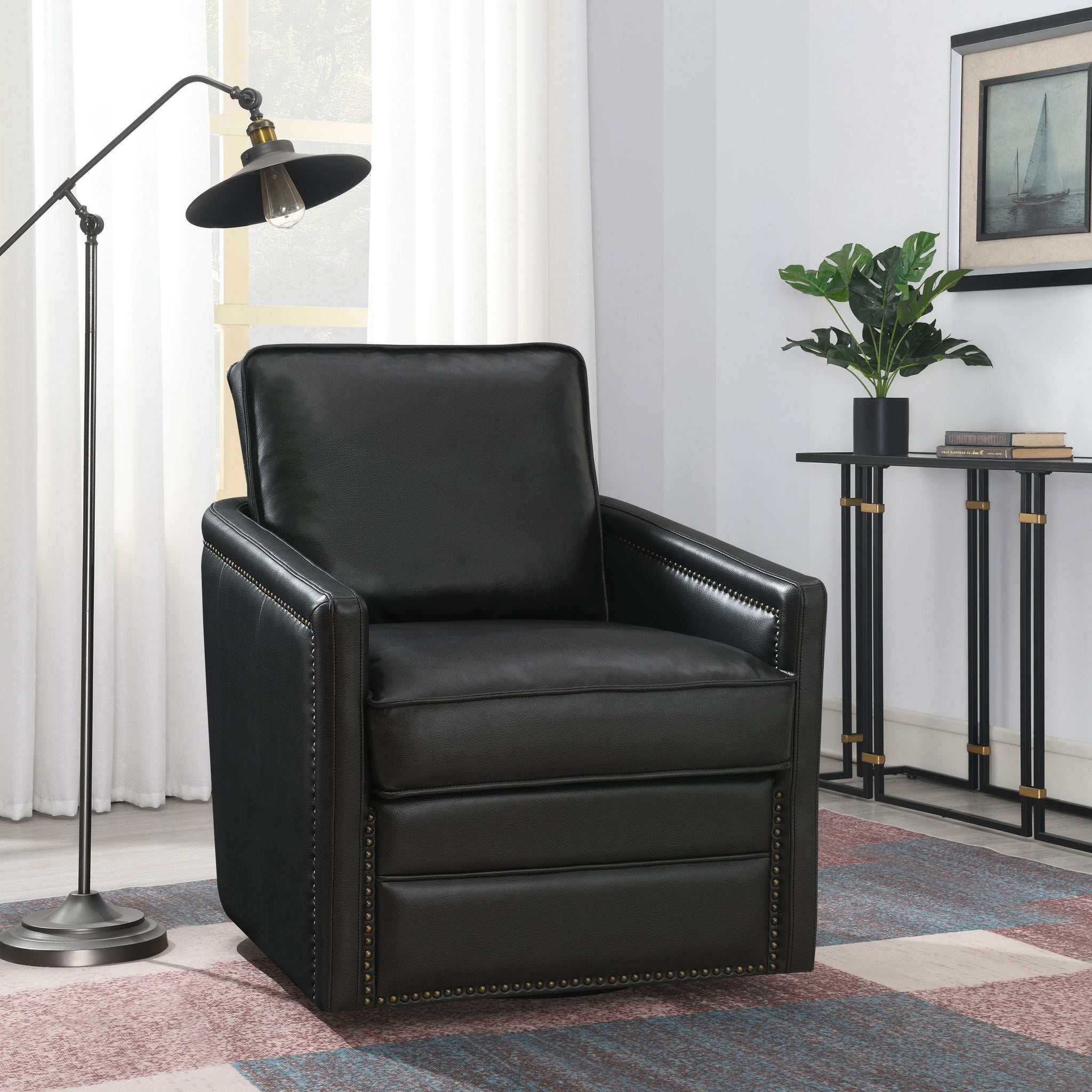 Rocha Accent Chair W Swivel, Black Leather Aire Ac01885 Black Leather