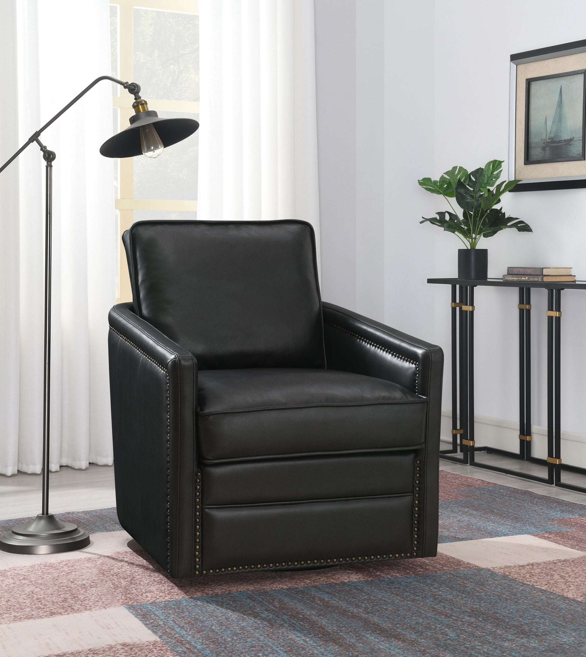 Rocha Accent Chair W Swivel, Black Leather Aire Ac01885 Black Leather