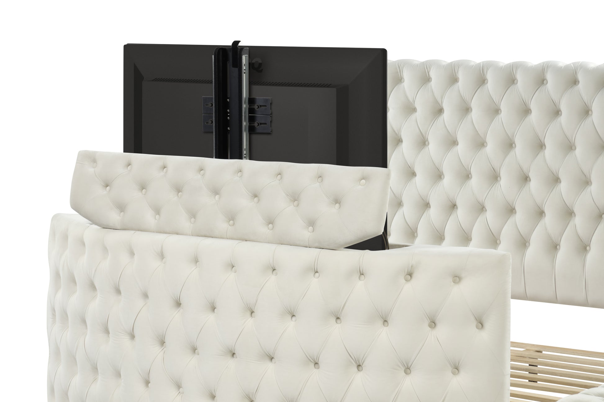 Maya Modern Style Crystal Tufted King Bed Made With Wood In Cream Box Spring Not Required King Cream Wood Bedroom Contemporary,Modern Slat Beds Upholstered Velvet Wood