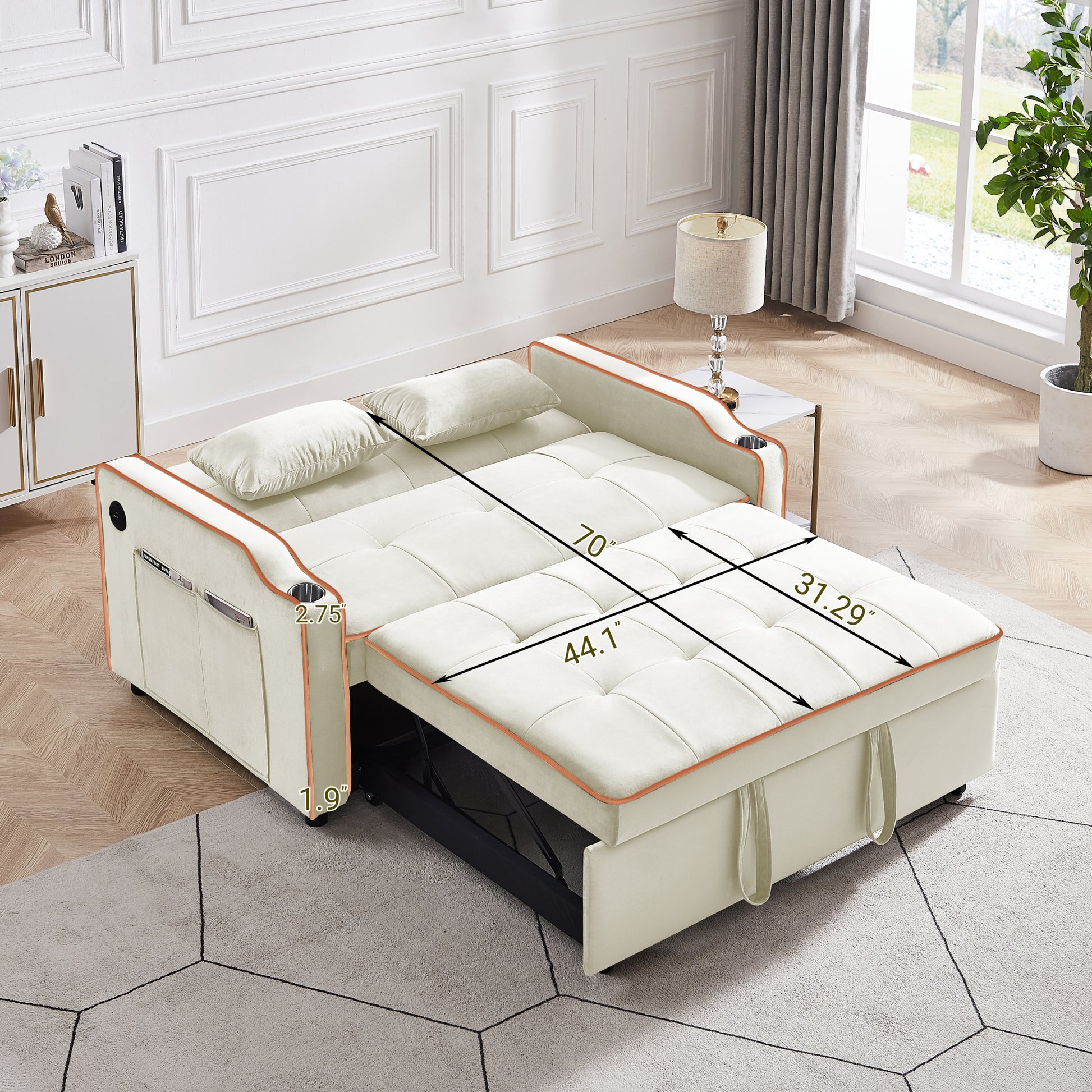 Sofa Bed, 3 In 1 Convertible Sofa Chair Bed, Adjustable Backrest Chair, Chaise Lounge With Usb Ports, Cup Holder, Side Pocket,Beige Beige Velvet