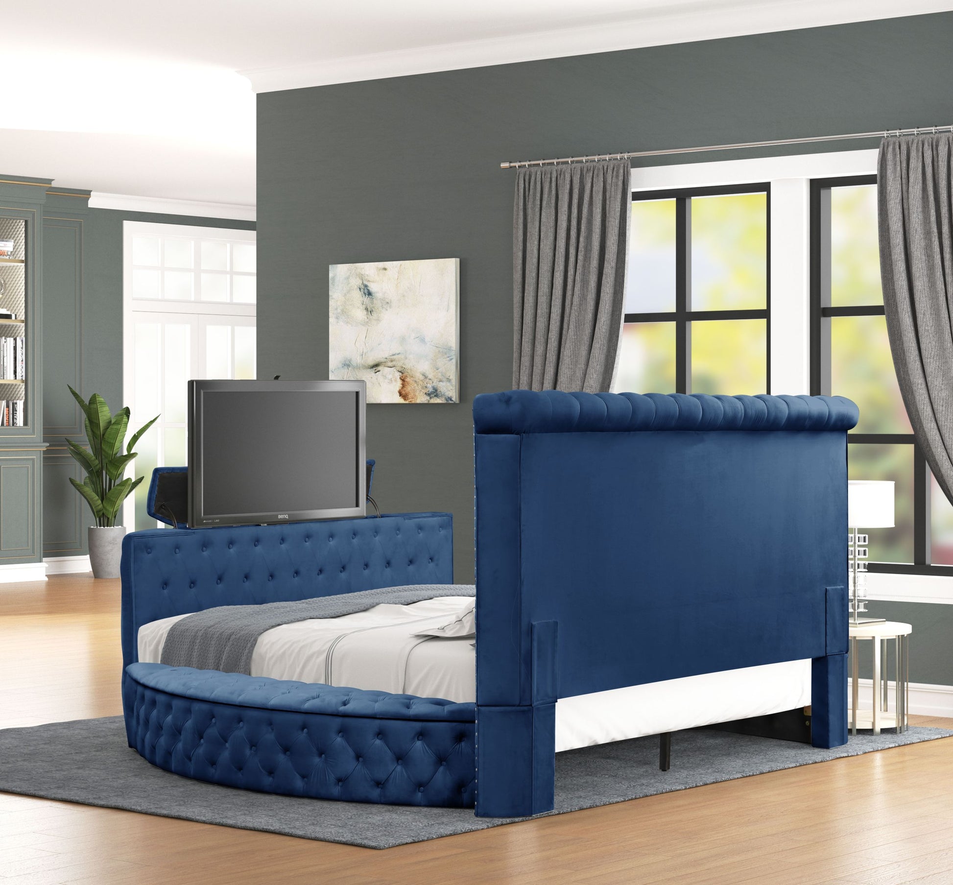 Maya Modern Style Crystal Tufted King 4Pc Bed Room Set Made With Wood In Blue Box Spring Not Required King Blue Wood 4 Piece Set Bedroom Bed Included,Dresser Included,Mirror Included,Nightstand Included Modern Upholstered Velvet Tufted Wood