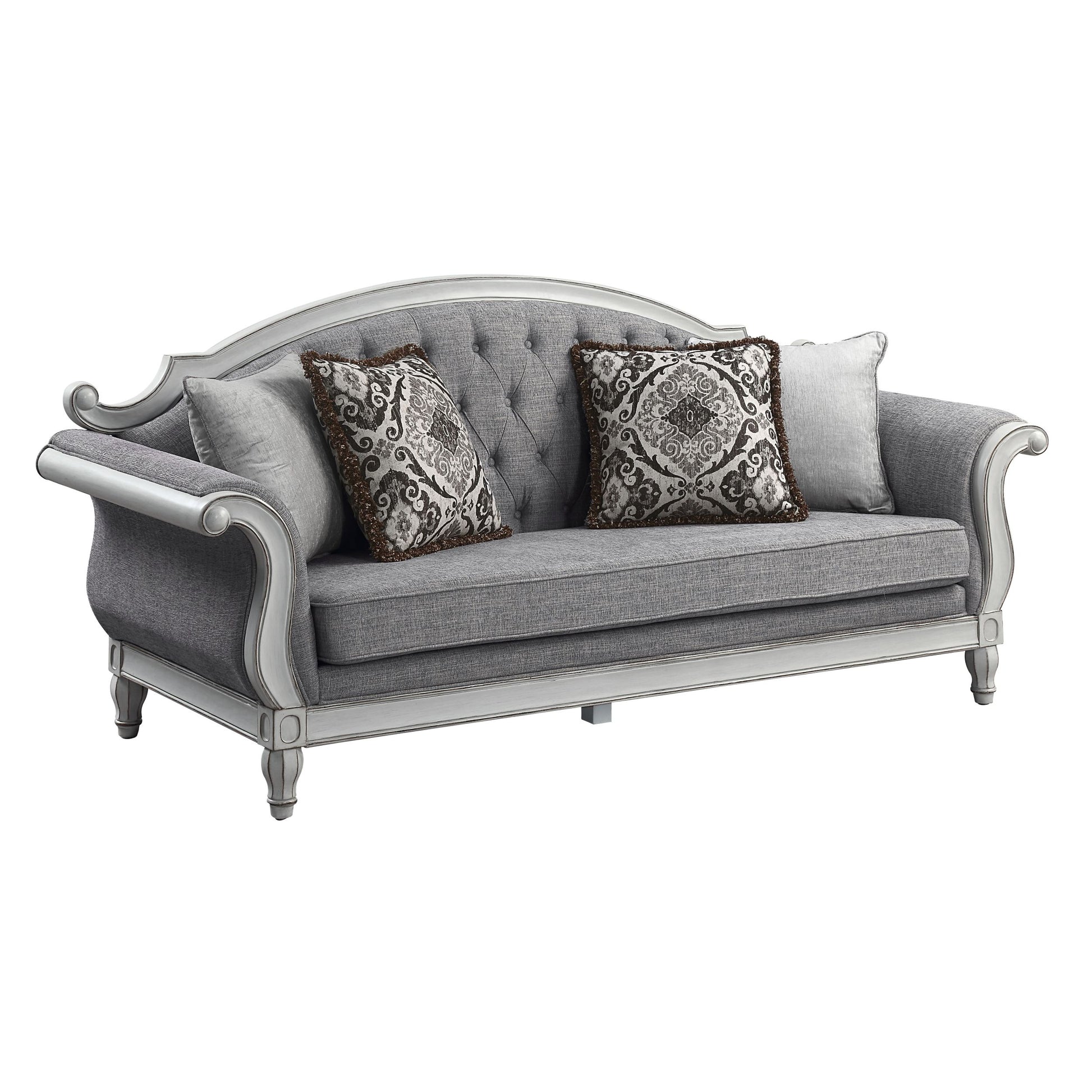 Florian Sofa W 4 Pillows, Gray Fabric & Antique White Finish Lv02119 Gray Fabric