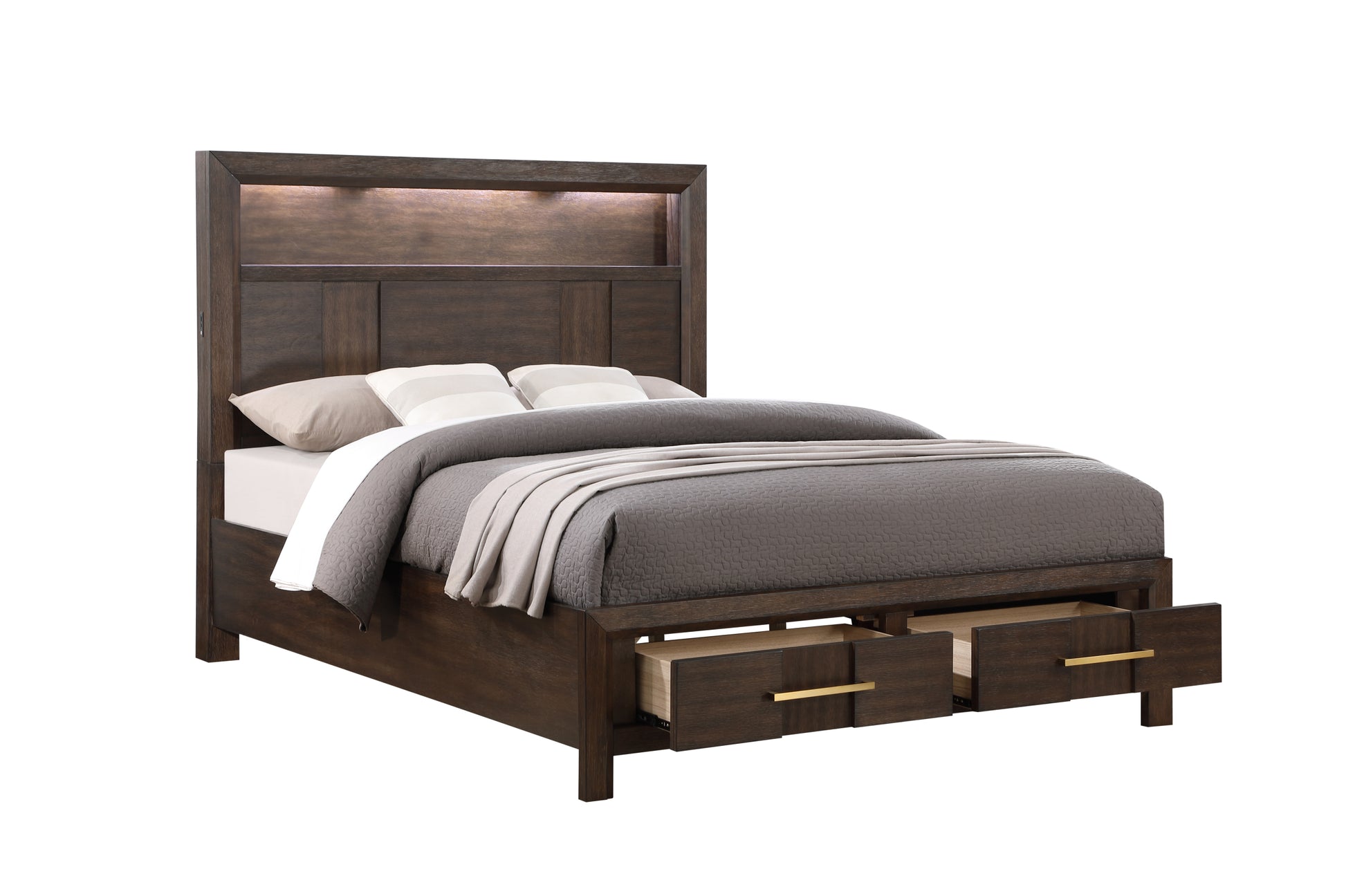 Kenzo Modern Style Full 5Pc Storage Bedroom Set Made With Wood, Led Headboard, Bluetooth Speakers & Usb Ports Walnut Box Spring Not Required Full Walnut Wood 5 Piece Set Bedroom Bed Included,Chest Included,Dresser Included,Mirror Included,Nightstand