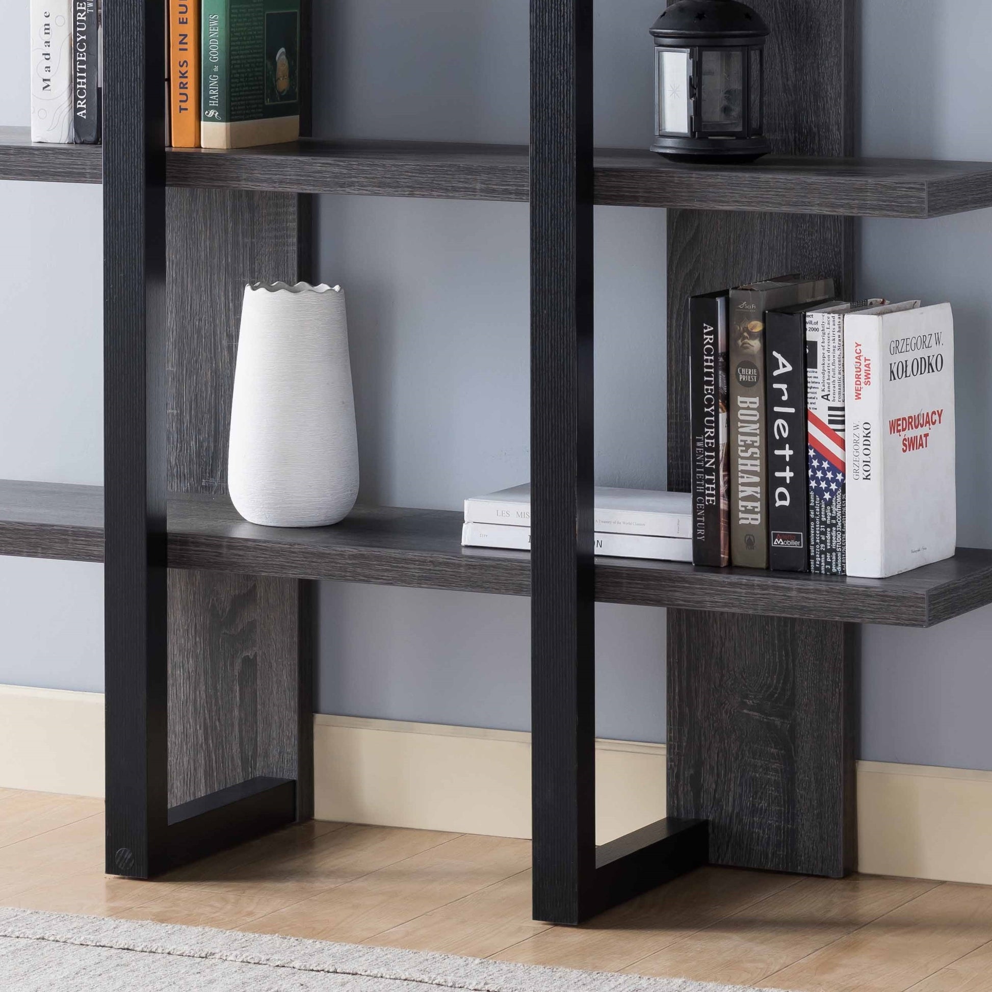 4 Tier Display Organizing Cabinet, Tall Bookcase With Open Shelving Distressed Grey & Black Grey Particle Board