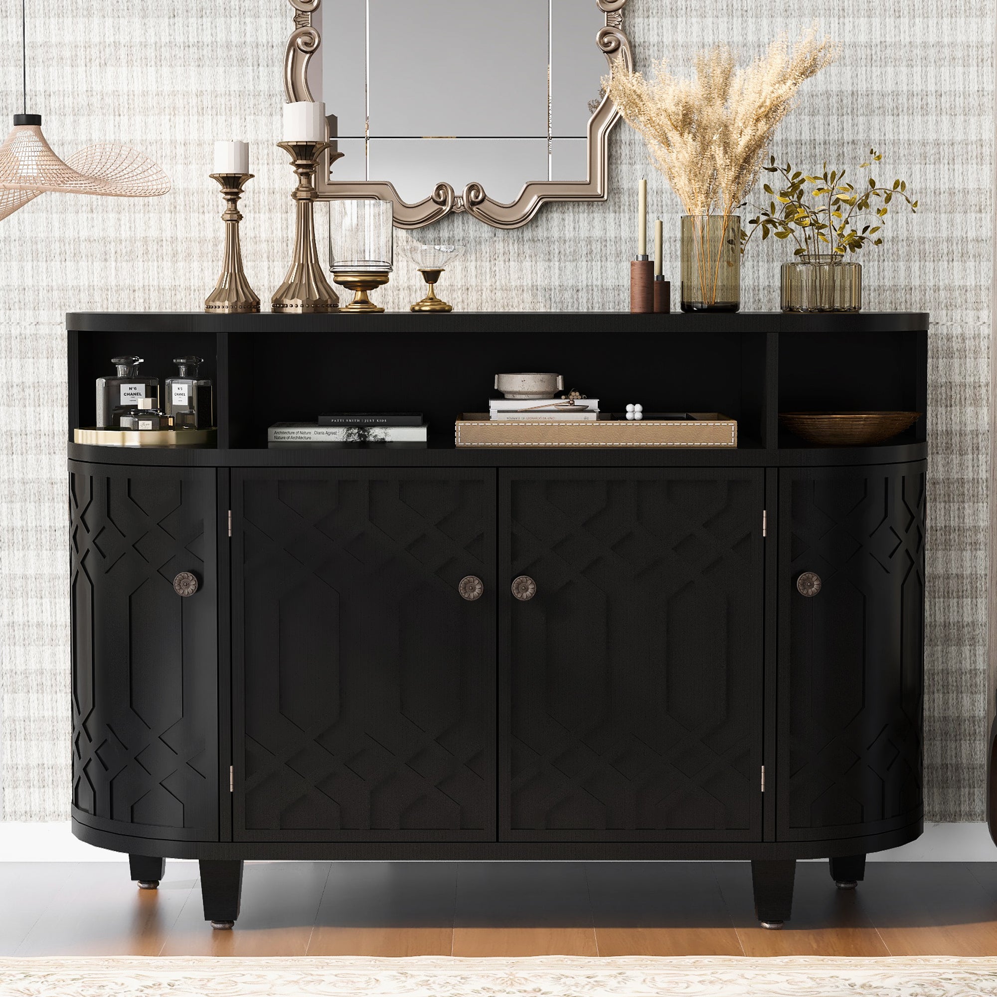 Curved Design Storage Cabinet Made Of Fraxinus Mandschuric Solid Wood Veneer, Featuring Four Doors And Adjustable Shelves, Suitable For Corridors, Entrances And Study. 3 4 Shelves Black Mdf