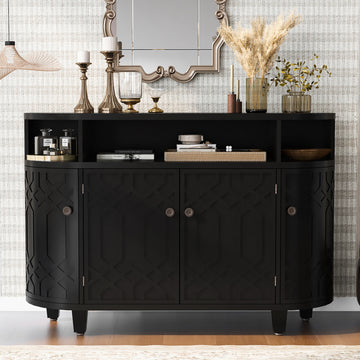 Curved Design Storage Cabinet Made Of Fraxinus Mandschuric Solid Wood Veneer, Featuring Four Doors And Adjustable Shelves, Suitable For Corridors, Entrances And Study. 3 4 Shelves Black Mdf