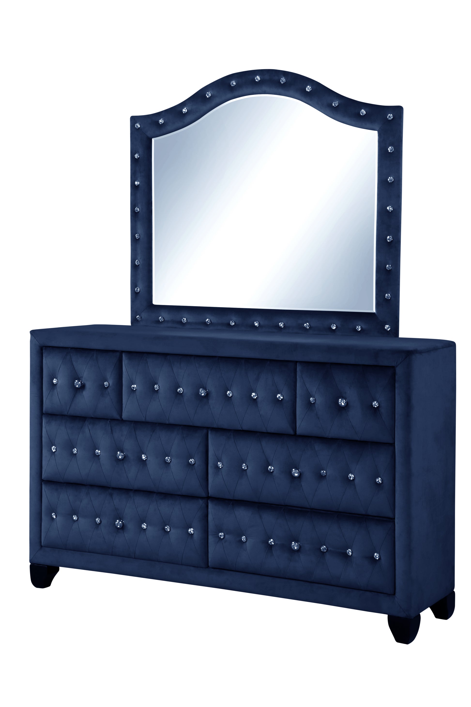 Monica Luxurious Four Poster Full 5 Pc Bed Made With Wood In Navy Box Spring Not Required Full Navy Wood 5 Piece Set Bedroom Bed Included,Chest Included,Dresser Included,Mirror Included,Nightstand Included Modern Upholstered Velvet Tufted Wood