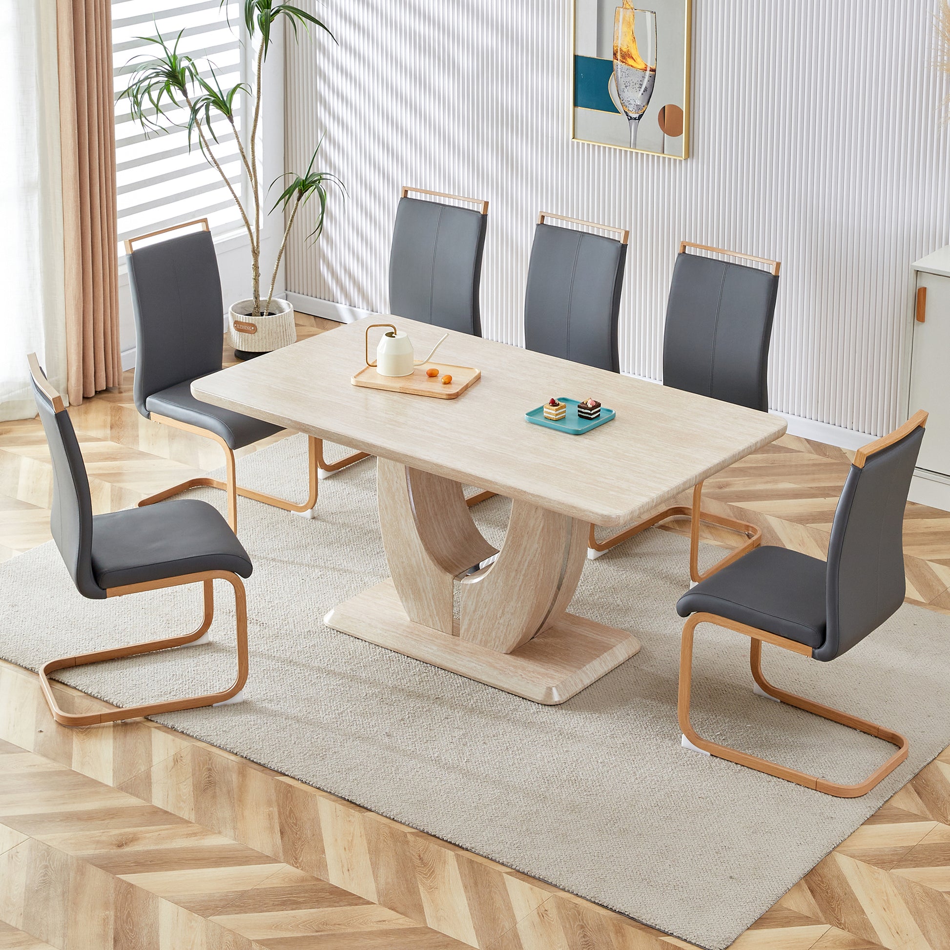 Modern Minimalist Luxury Mdf Rectangular Dining Table With Light Yellow Textured Stickers On The Table. Suitable For Restaurants, Living Rooms, Kitchens, And Study Rooms.F 1280 "63* "37* "30 Light Yellow Mdf