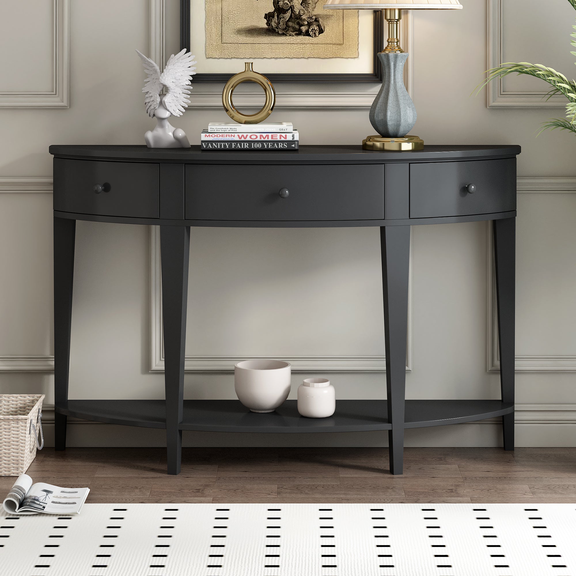 Modern Curved Console Table Sofa Table With 3 Drawers And 1 Shelf For Hallway, Entryway, Living Room Black Solid Wood Mdf