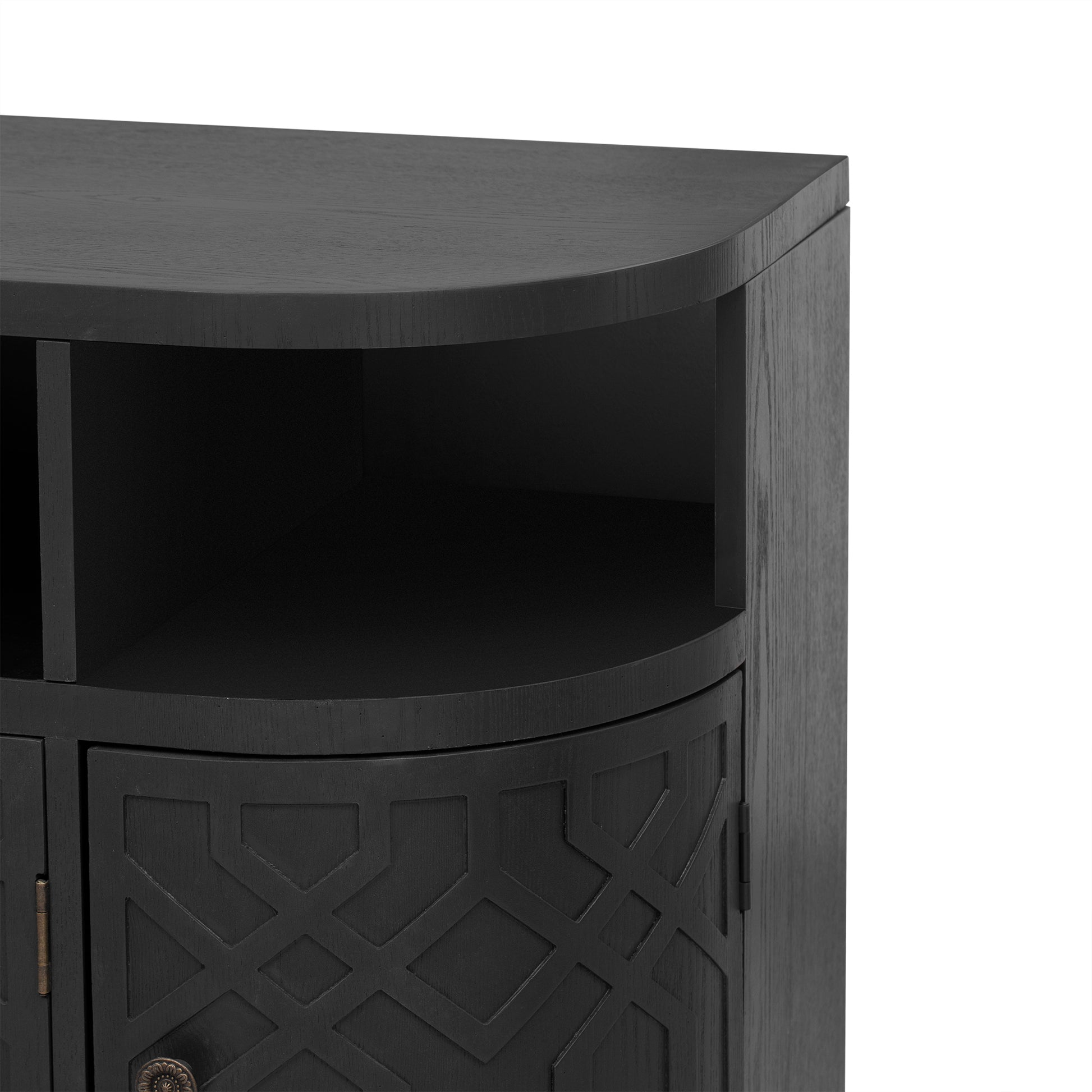 Curved Design Storage Cabinet Made Of Fraxinus Mandschuric Solid Wood Veneer, Featuring Four Doors And Adjustable Shelves, Suitable For Corridors, Entrances And Study. 3 4 Shelves Black Mdf