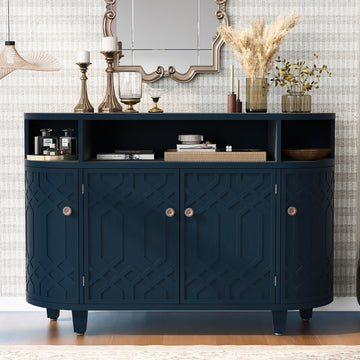 Curved Design Storage Cabinet Made Of Fraxinus Mandschuric Solid Wood Veneer, Featuring Four Doors And Adjustable Shelves, Suitable For Corridors, Entrances And Study. 3 4 Shelves Navy Blue Mdf