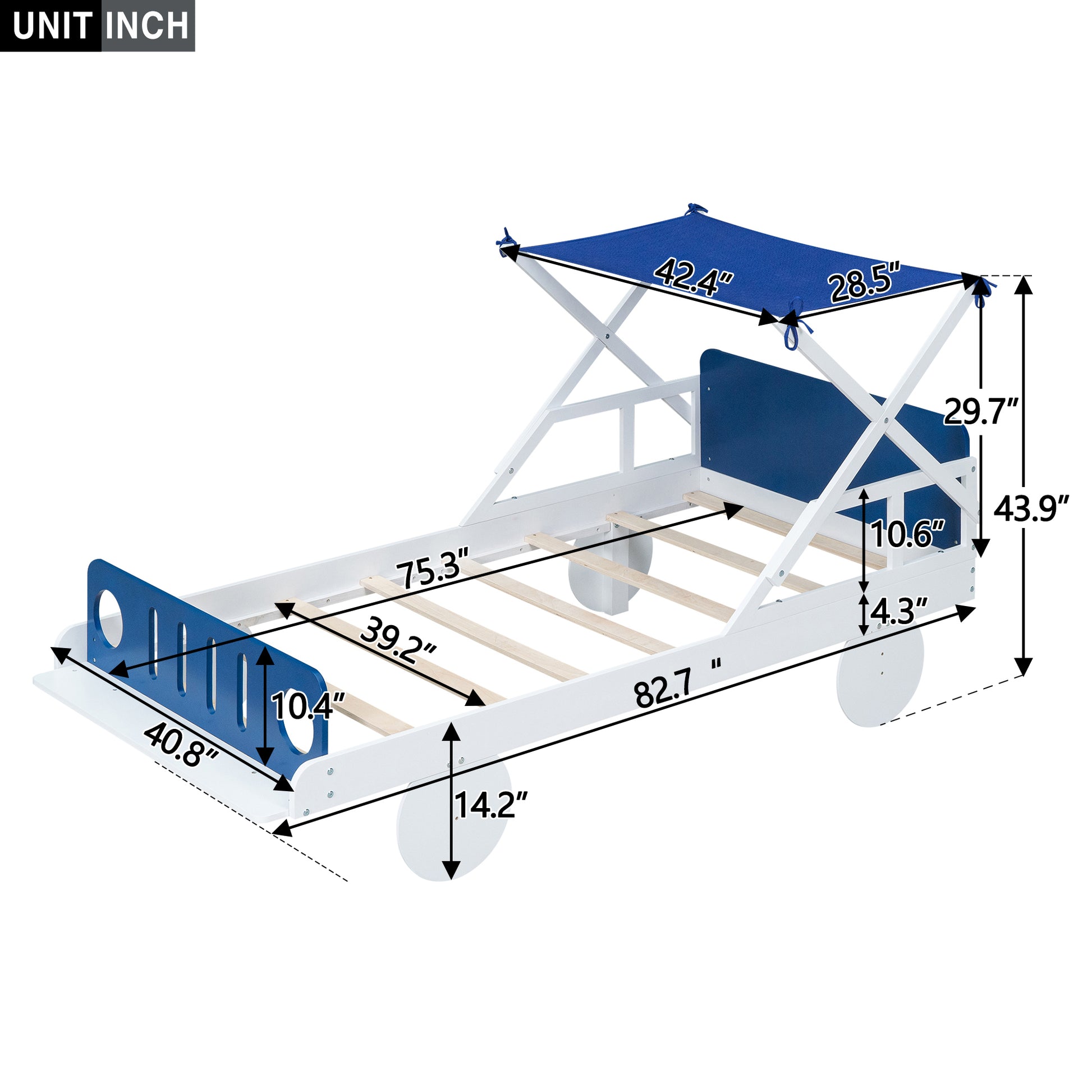 Wood Twin Size Car Bed With Ceiling Cloth, Headboard And Footboard, White Blue Box Spring Not Required Twin White Blue Bedroom Bed Frame Solid Wood Mdf