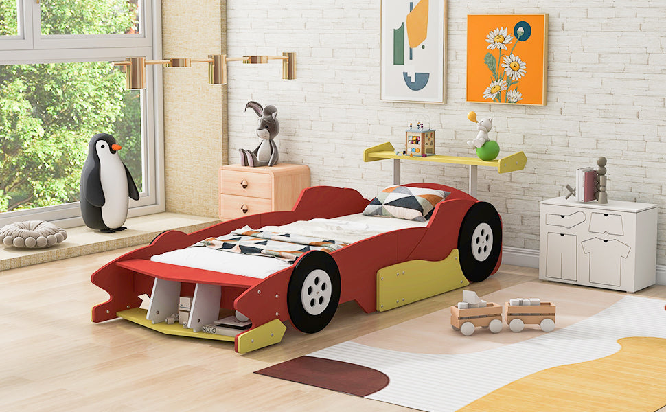 Twin Size Race Car Shaped Platform Bed With Wheels,Red Red Plywood