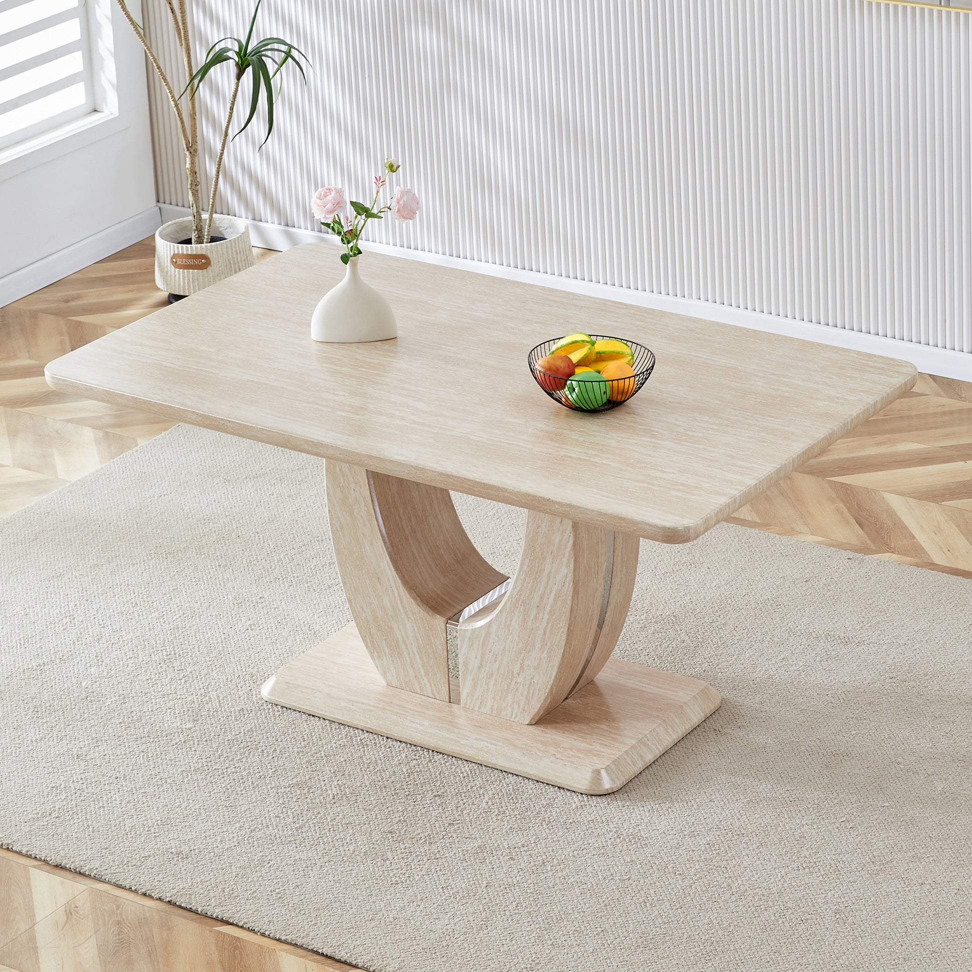 Modern Minimalist Luxury Mdf Rectangular Dining Table With Light Yellow Textured Stickers On The Table. Suitable For Restaurants, Living Rooms, Kitchens, And Study Rooms.F 1280 "63* "37* "30 Light Yellow Mdf