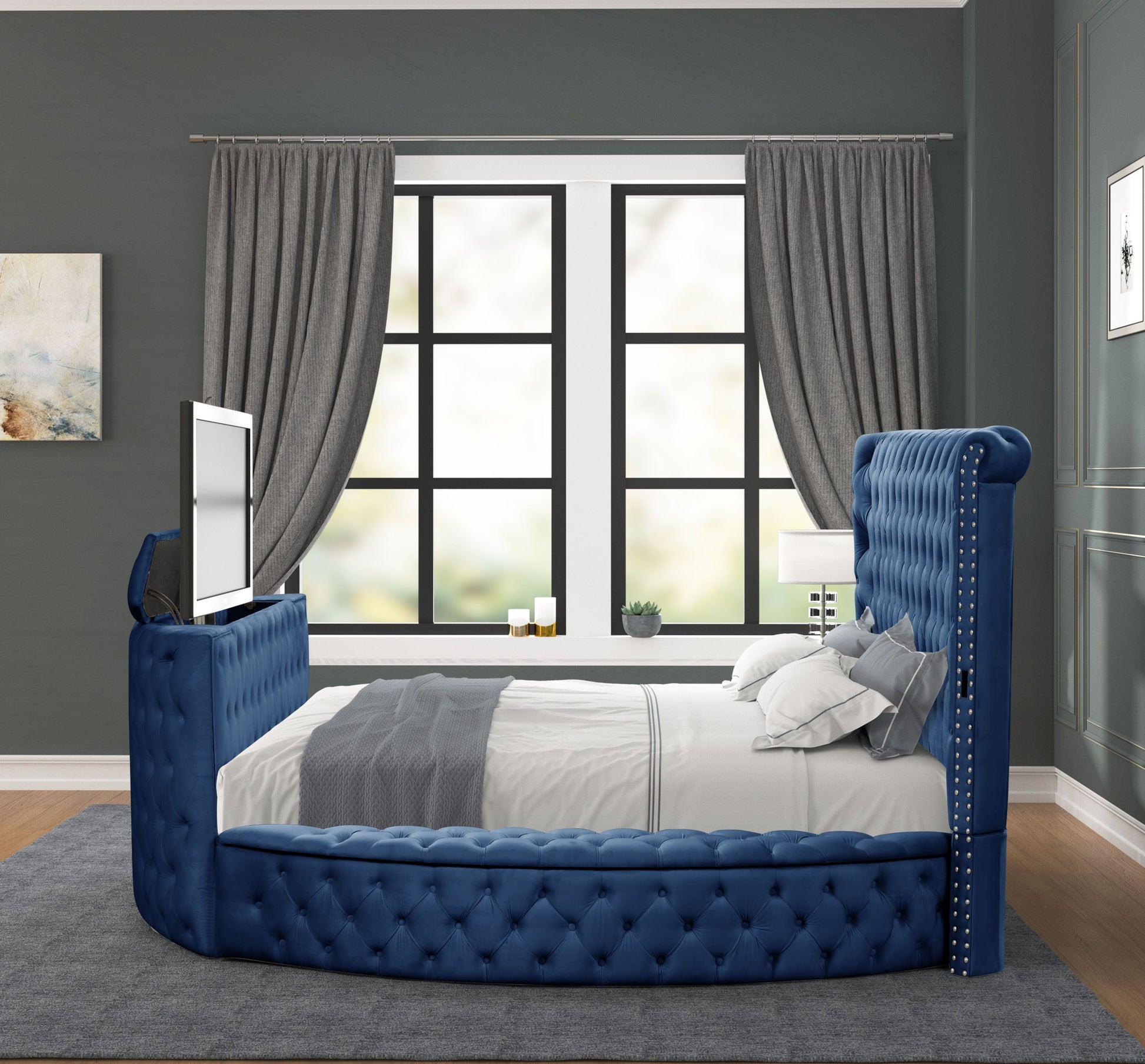 Maya Modern Style Crystal Tufted Queen 5Pc Bed Room Set Made With Wood In Blue Box Spring Not Required Queen Blue Wood 5 Piece Set Bedroom Bed Included,Chest Included,Dresser Included,Mirror Included,Nightstand Included Modern Upholstered Wood