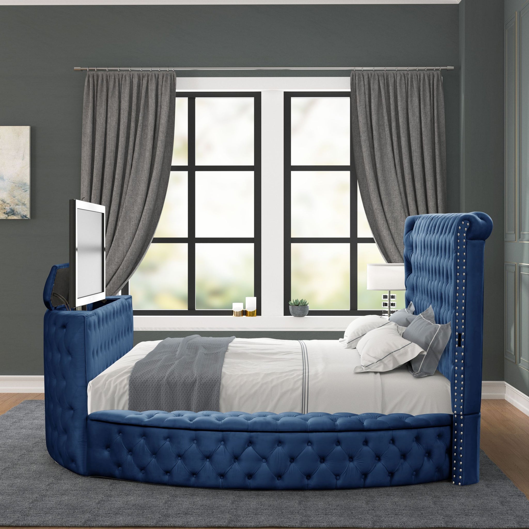 Maya Modern Style Crystal Tufted King Bed Made With Wood In Blue Box Spring Not Required King Blue Wood Bedroom Modern Slat Beds Upholstered Wood