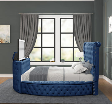 Maya Modern Style Crystal Tufted King Bed Made With Wood In Blue Box Spring Not Required King Blue Wood Bedroom Modern Slat Beds Upholstered Wood