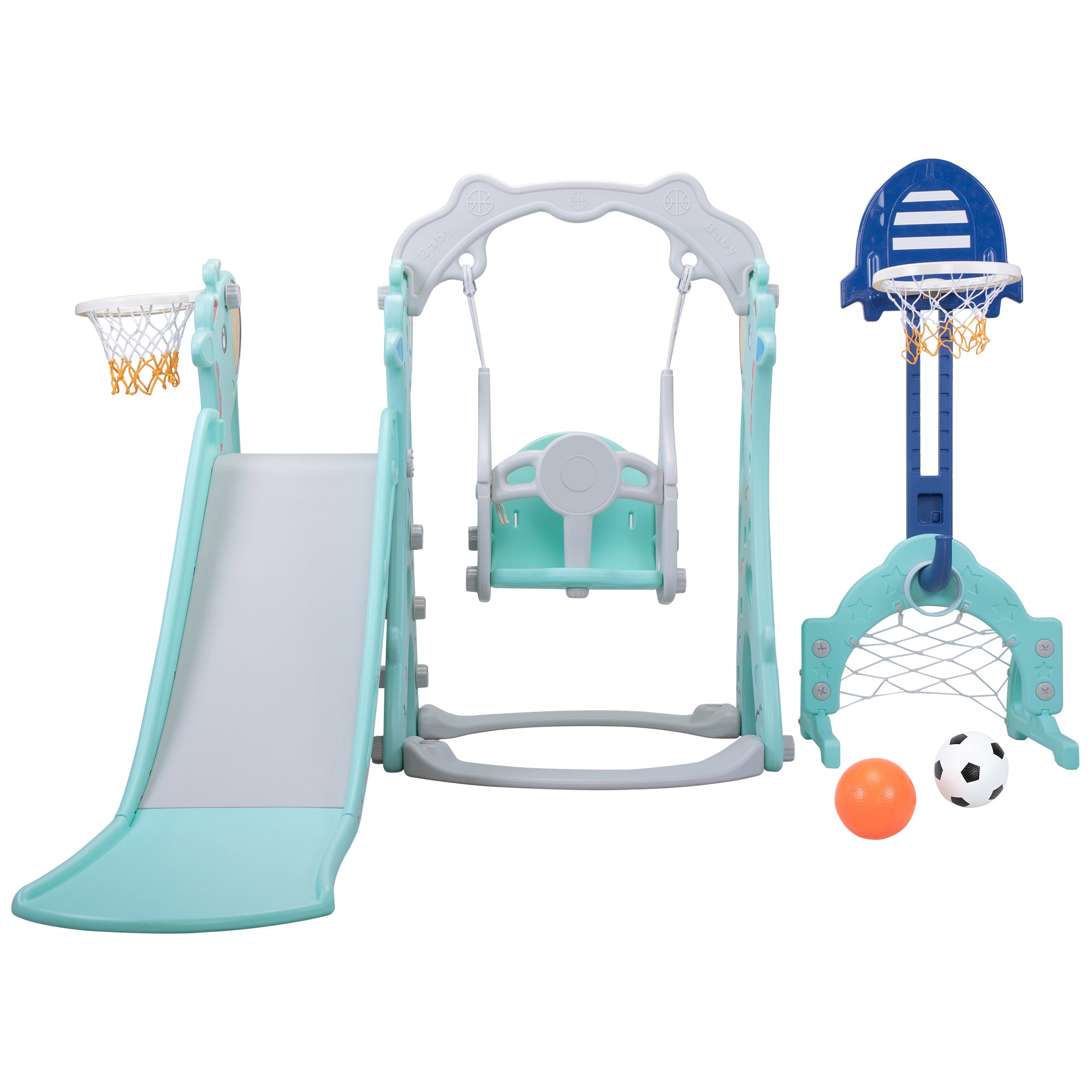 5 In 1 Slide And Swing Playing Set, Toddler Extra Long Slide With 2 Basketball Hoops, Football, Ringtoss, Indoor Outdoor Gray Hdpe