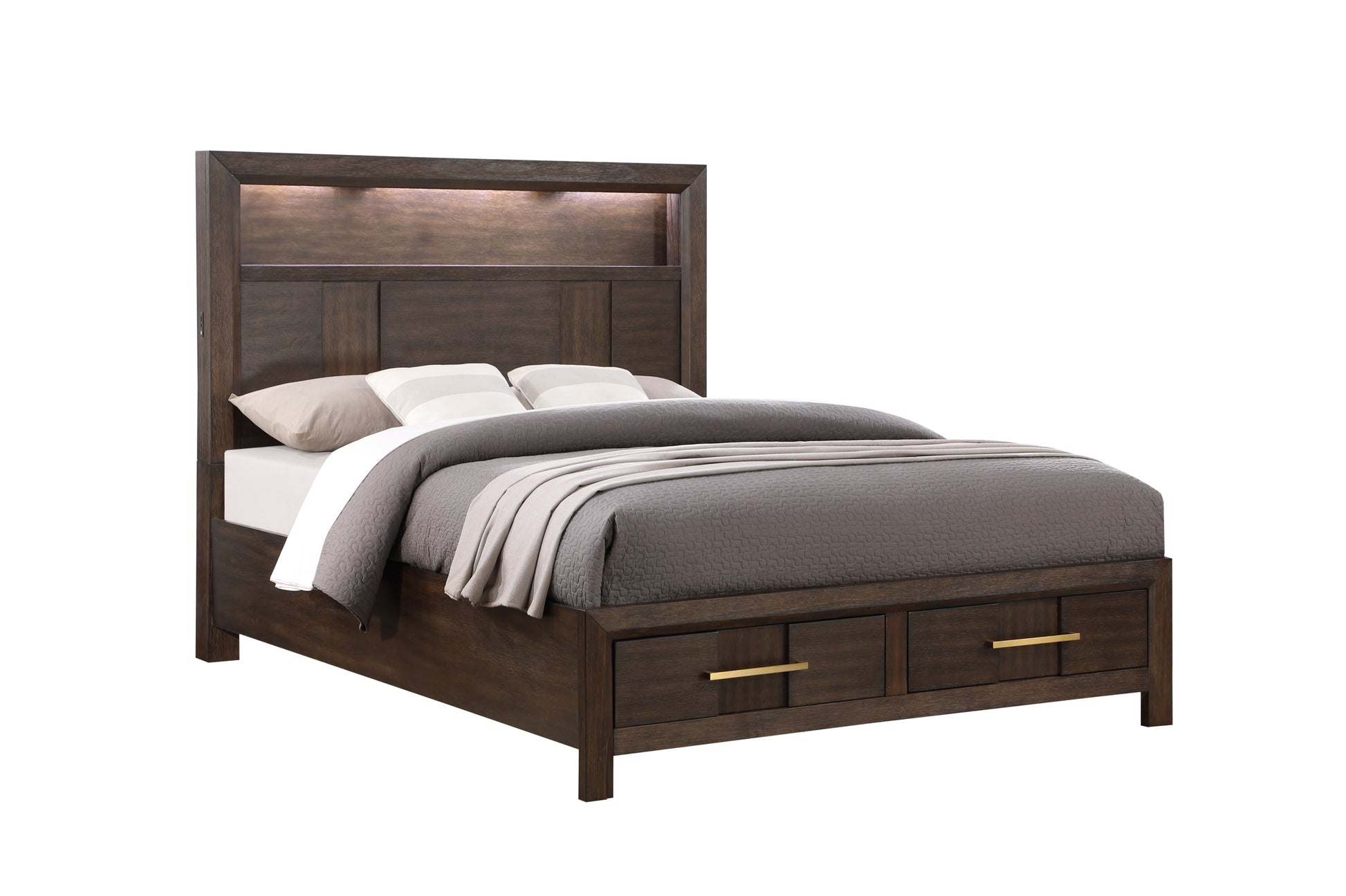 Kenzo Modern Style Queen 5Pc Storage Bedroom Set Made With Wood, Led Headboard, Bluetooth Speakers & Usb Ports Walnut Box Spring Not Required Queen Walnut Wood 5 Piece Set Bedroom Bed Included,Chest Included,Dresser Included,Mirror Included,Nightstand