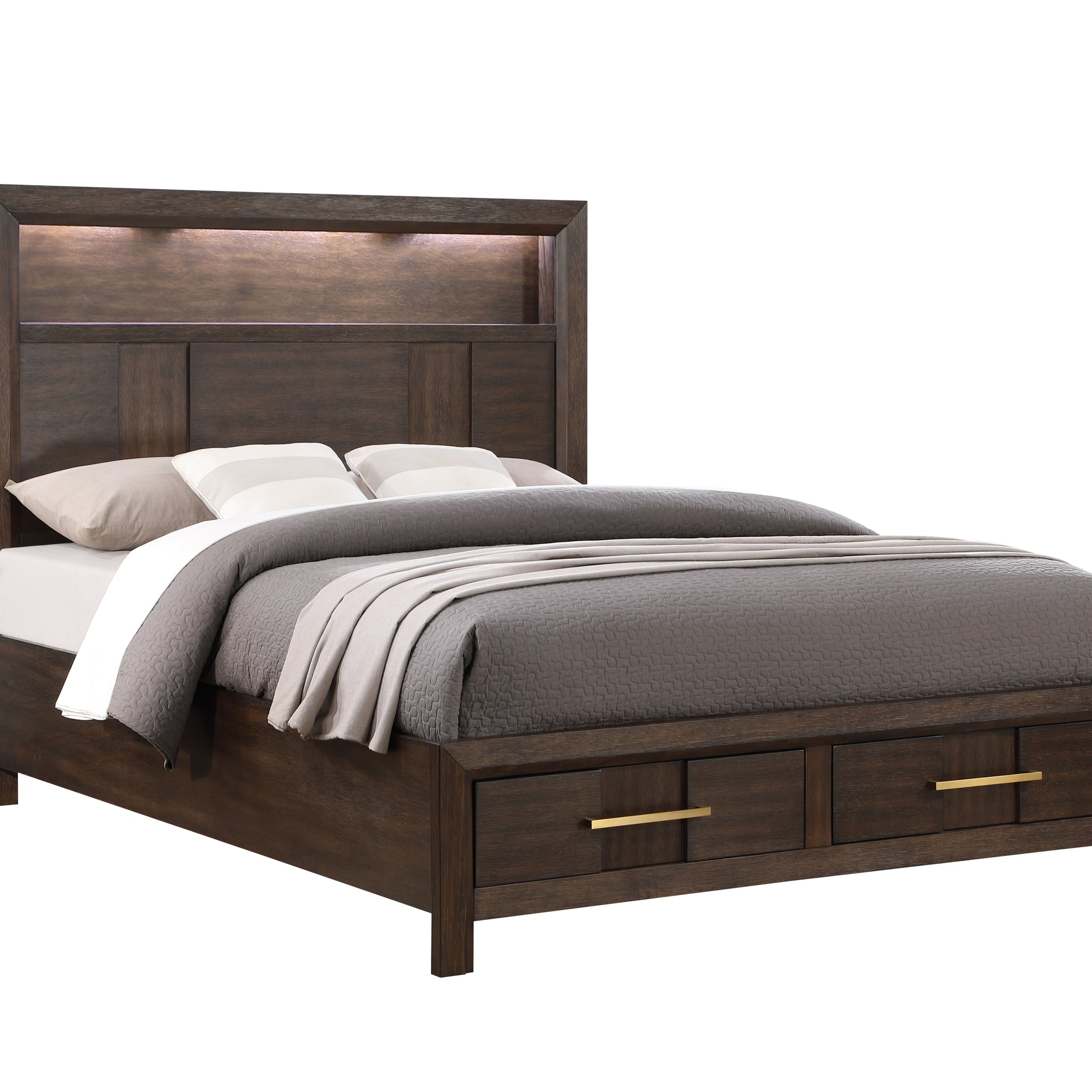 Modern Style Full Bed Made With Wood & Led Headboard With Bookshelf In Walnut Box Spring Not Required Full Walnut Wood Bedroom Contemporary,Modern Slat Beds Solid Wood Mdf Wood