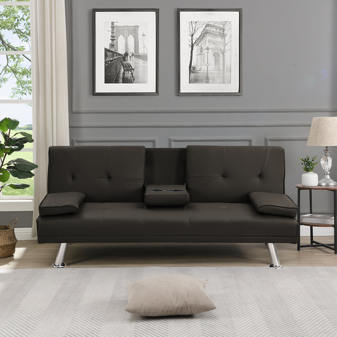 Sofa Bed With Armrest Two Holders Wood Frame, Stainless Leg, Futon Brown Pvc,Dark Brown Dark Brown Pvc