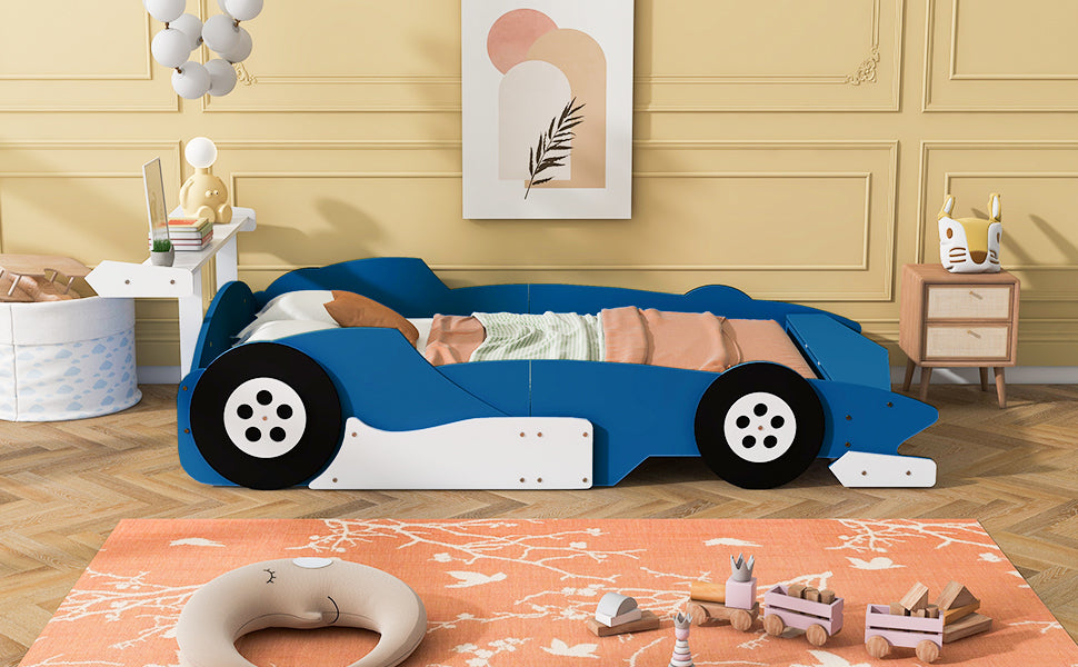 Full Size Race Car Shaped Platform Bed With Wheels,Blue Blue Plywood