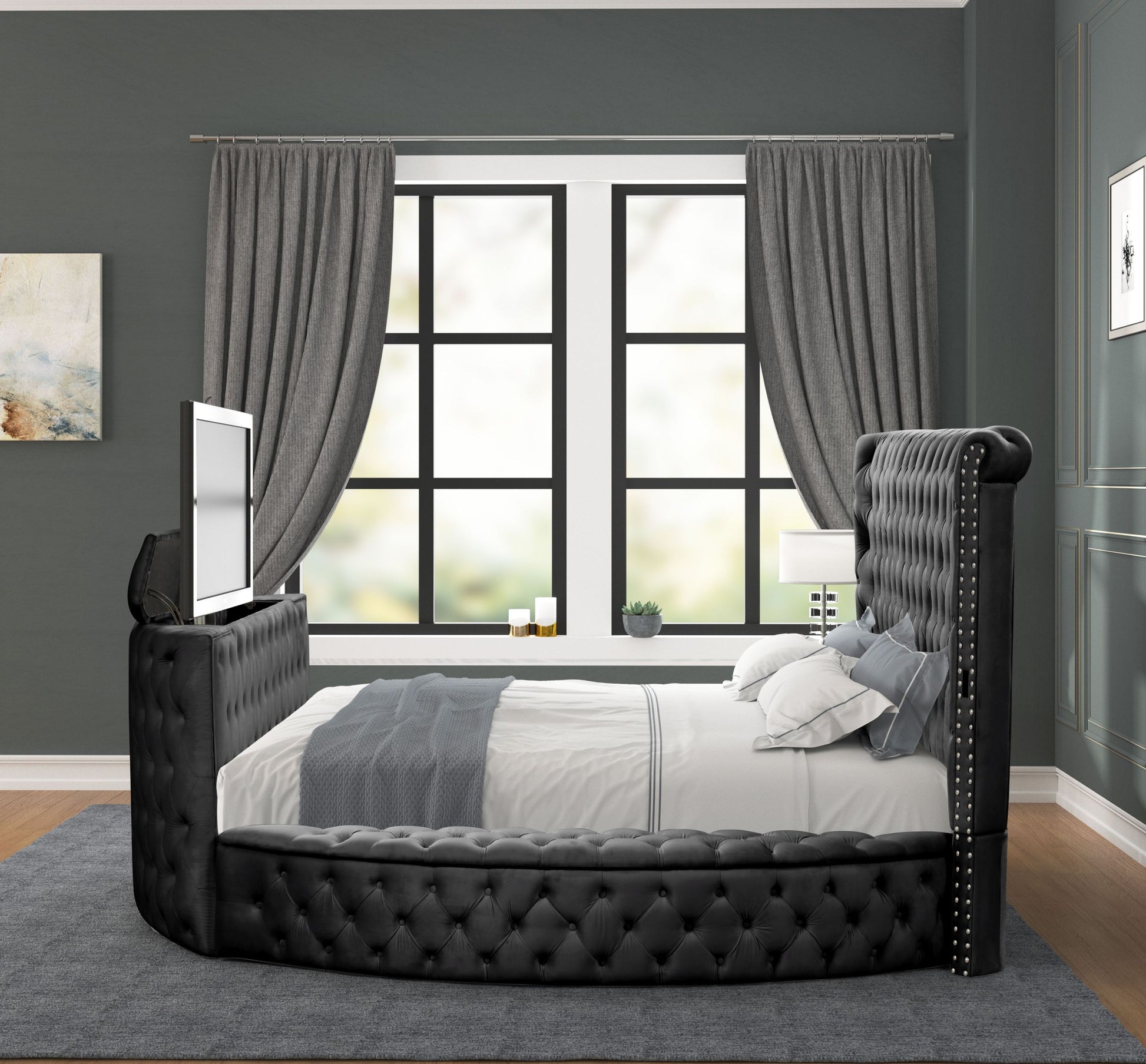 Maya Crystal Tufted Queen 4 Pc Vanity Bedroom Set Made With Wood In Black Box Spring Not Required Queen Black Wood 4 Piece Set Bedroom Modern Upholstered Tufted Wood