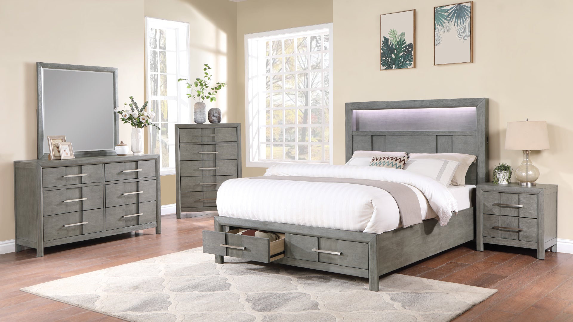 Modern Style Full Bed Made With Wood & Led Headboard With Bookshelf In Gray Box Spring Not Required Full Gray Wood Bedroom Contemporary,Modern Slat Beds Solid Wood Mdf Wood