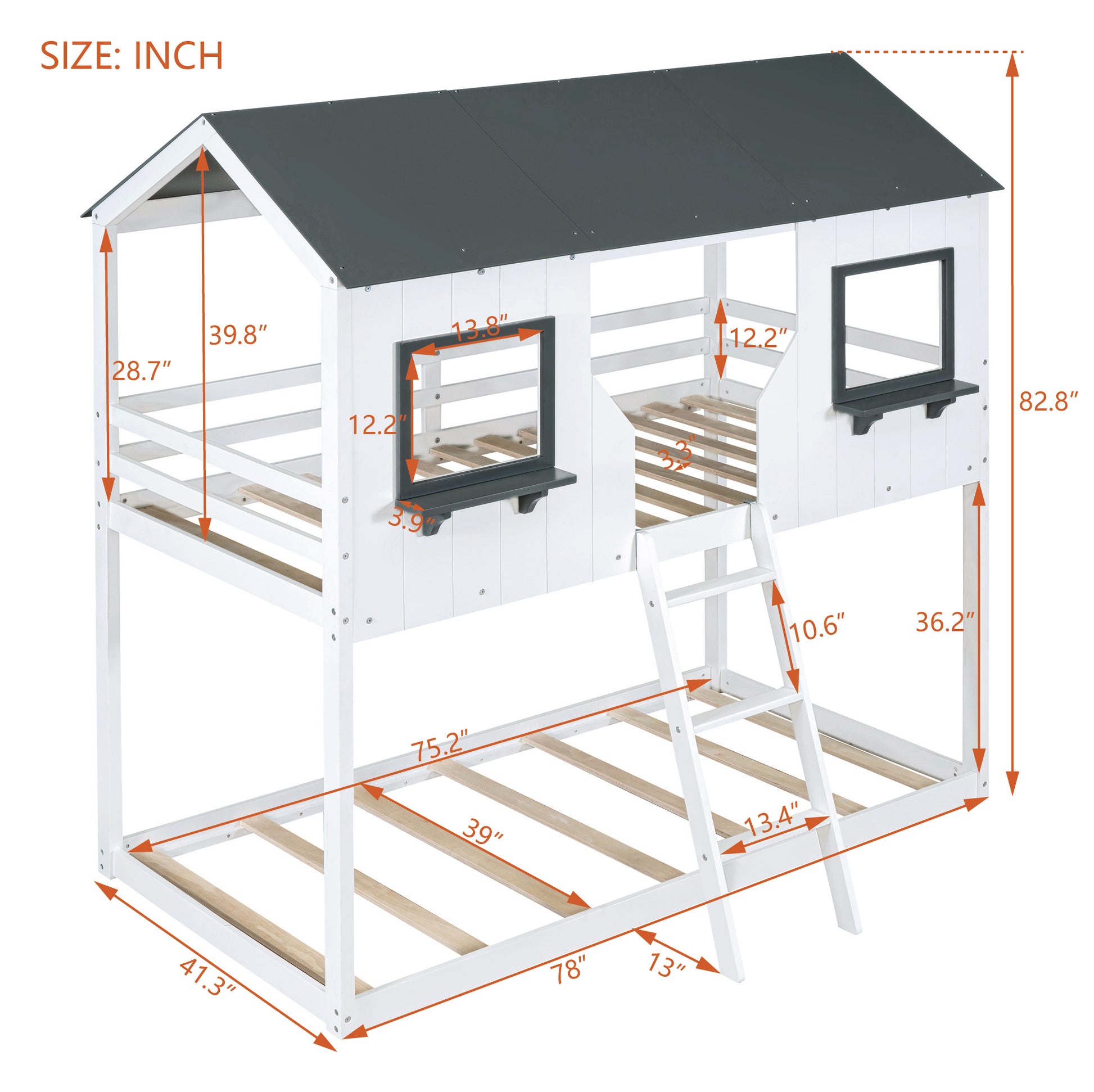 Twin Over Twin Bunk Bed Wood Bed With Roof, Window, Guardrail, Ladder White Old Sku :Lt000045Aak White Solid Wood