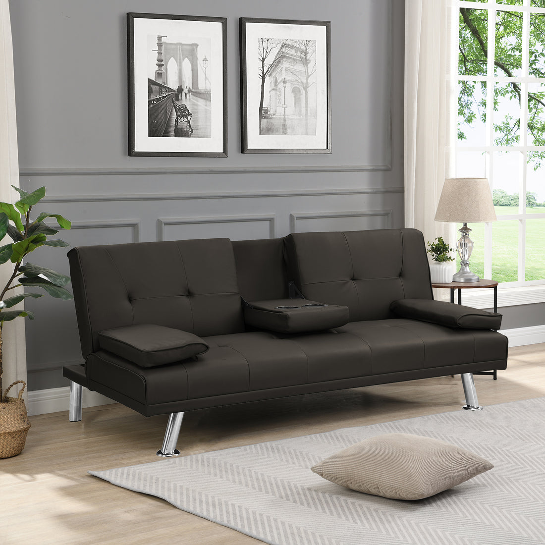 Sofa Bed With Armrest Two Holders Wood Frame, Stainless Leg, Futon Brown Pvc,Dark Brown Dark Brown Pvc