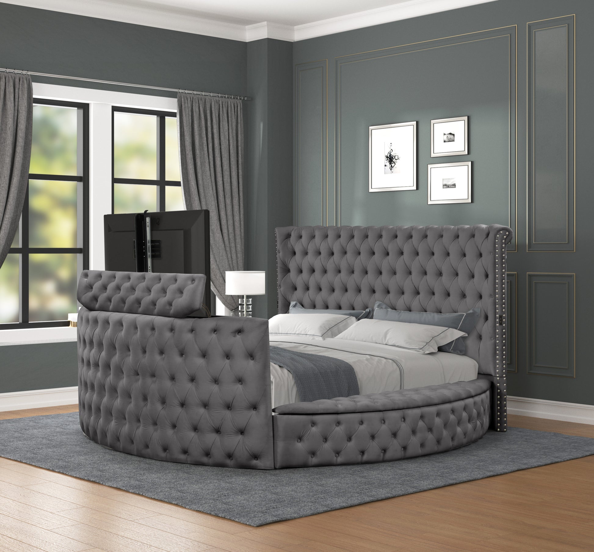 Maya Crystal Tufted King 4 Pc Vanity Bedroom Set Made With Wood In Gray Box Spring Not Required King Gray Wood 4 Piece Set Bedroom Contemporary,Modern Upholstered Velvet Tufted Wood