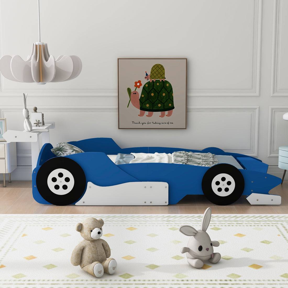 Twin Size Race Car Shaped Platform Bed With Wheels,Blue Blue Plywood