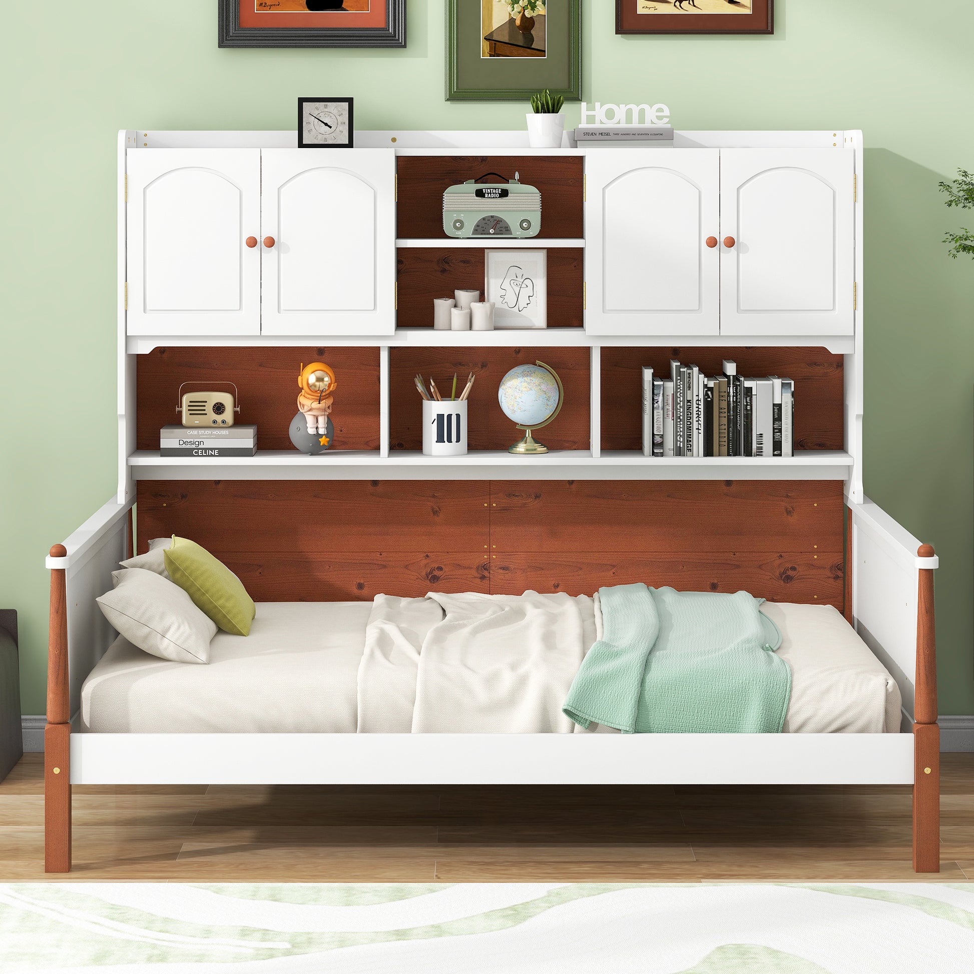 Twin Size Platform Bed With Multiple Storage, White Walnut Box Spring Not Required Twin White Walnut Wood Bedroom Solid Wood Mdf