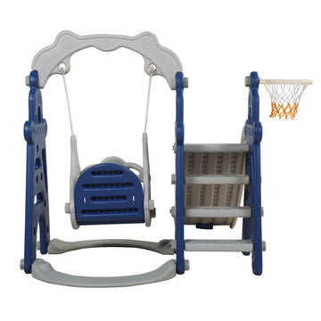 Kids Swing And Slide Set 3 In 1 Slide With Basketball Hoop For Indoor And Outdoor Activity Center,Blue Gray Blue Gray Hdpe