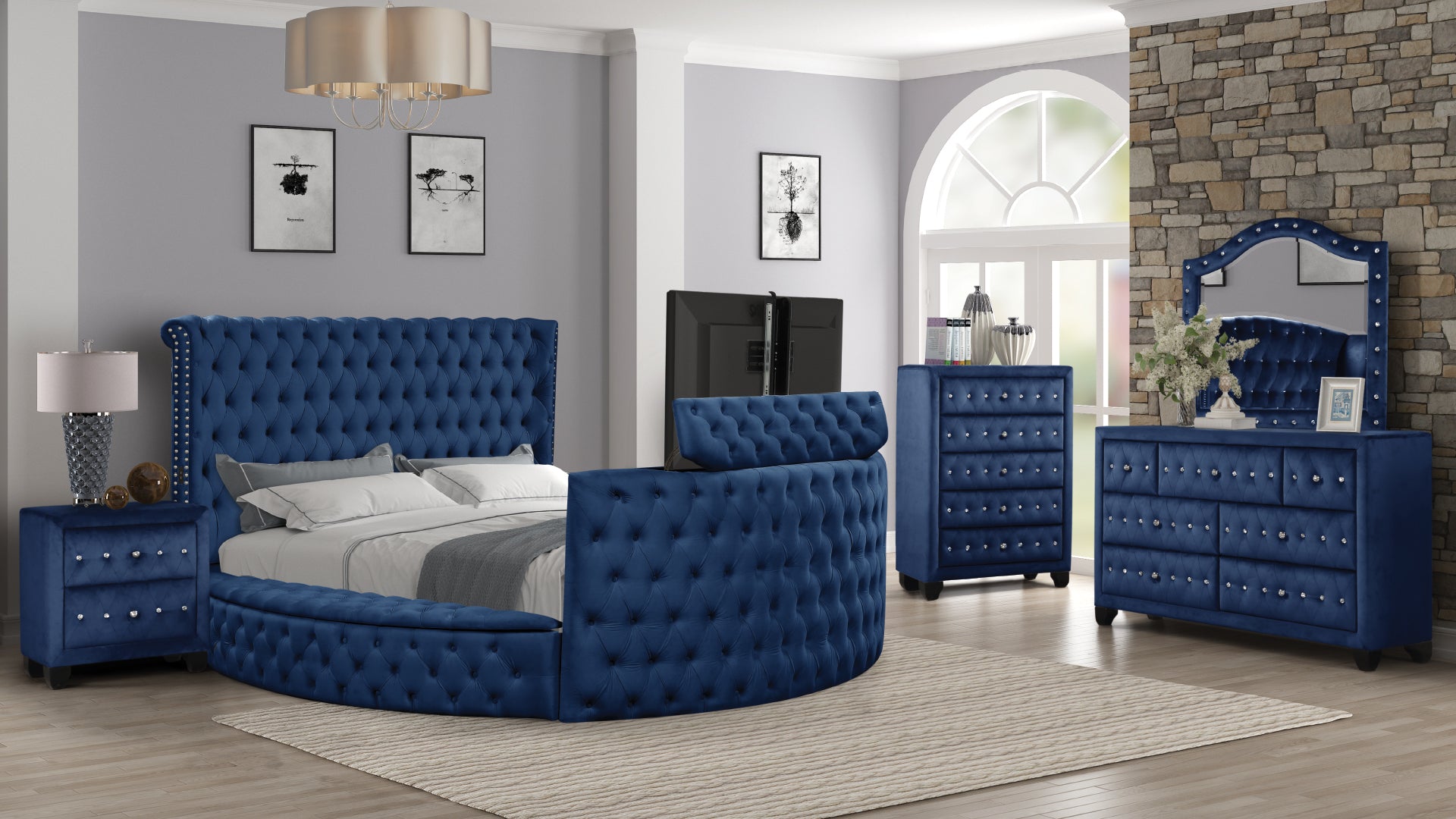 Maya Modern Style Crystal Tufted Queen Bed Made With Wood In Blue Box Spring Not Required Queen Blue Wood Bedroom Modern Slat Beds Upholstered Wood