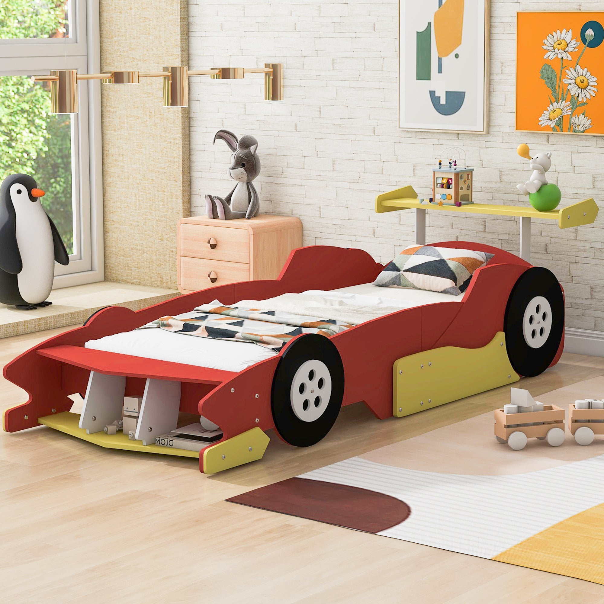 Twin Size Race Car Shaped Platform Bed With Wheels,Red Red Plywood