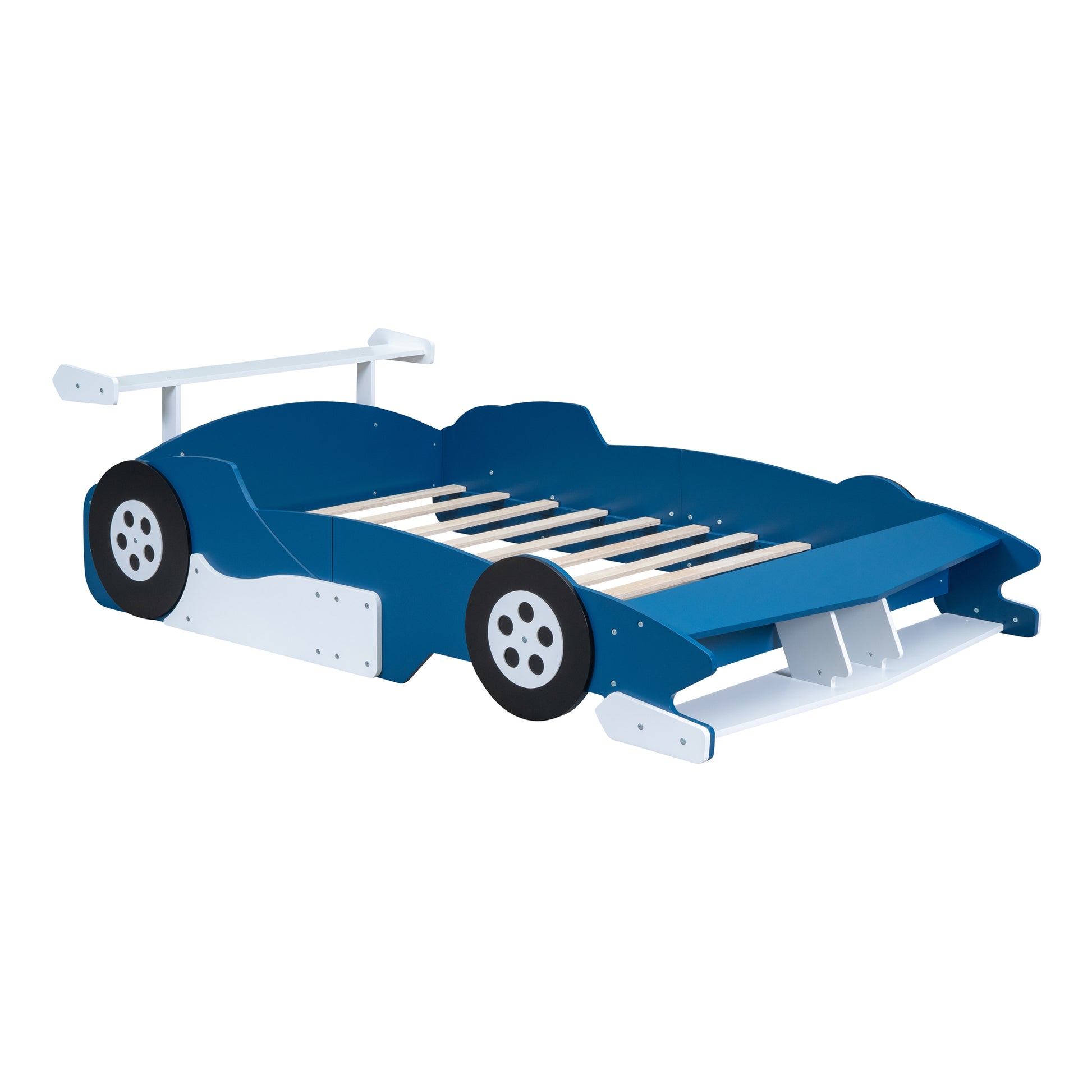 Full Size Race Car Shaped Platform Bed With Wheels,Blue Blue Plywood