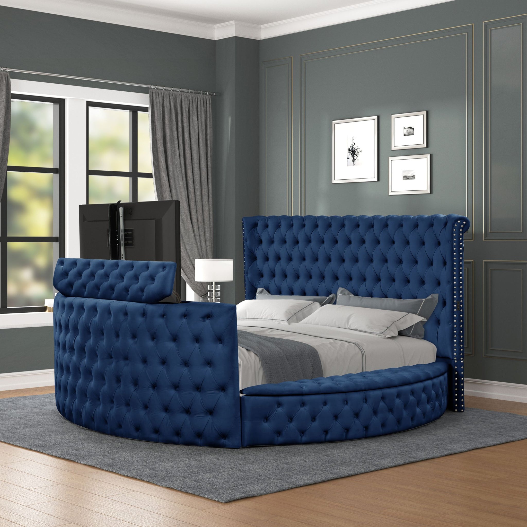 Maya Modern Style Crystal Tufted Queen Bed Made With Wood In Blue Box Spring Not Required Queen Blue Wood Bedroom Modern Slat Beds Upholstered Wood