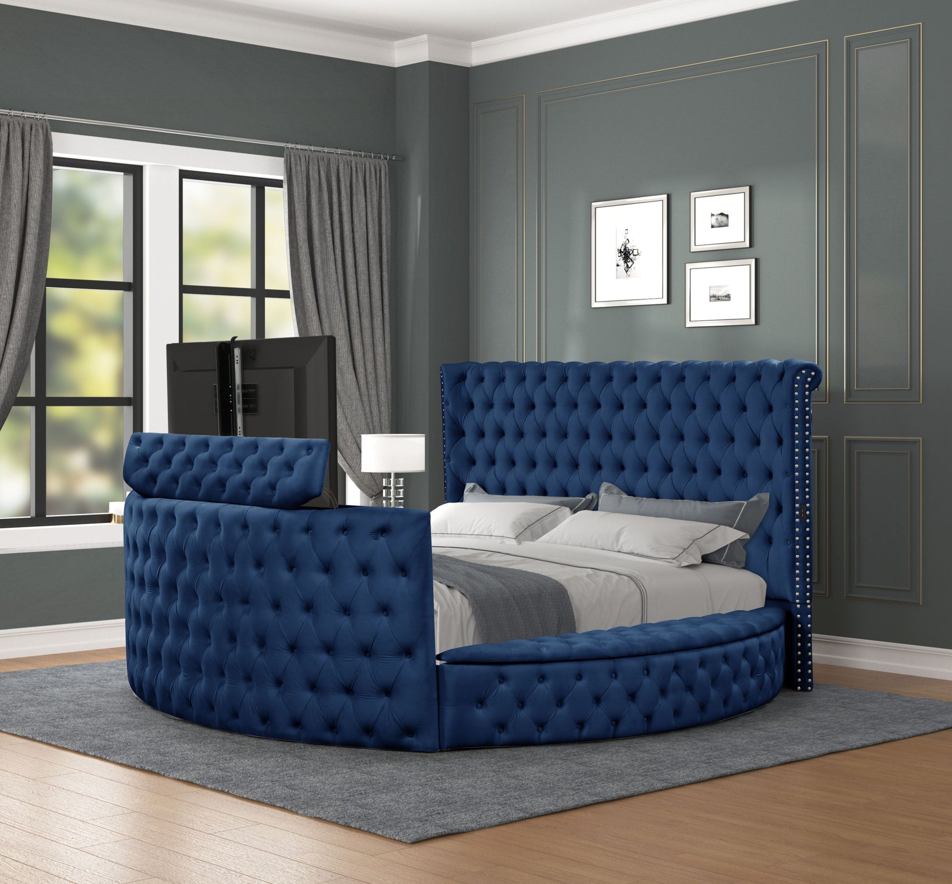 Maya Modern Style Crystal Tufted Queen 5Pc Bed Room Set Made With Wood In Blue Box Spring Not Required Queen Blue Wood 5 Piece Set Bedroom Bed Included,Chest Included,Dresser Included,Mirror Included,Nightstand Included Modern Upholstered Wood