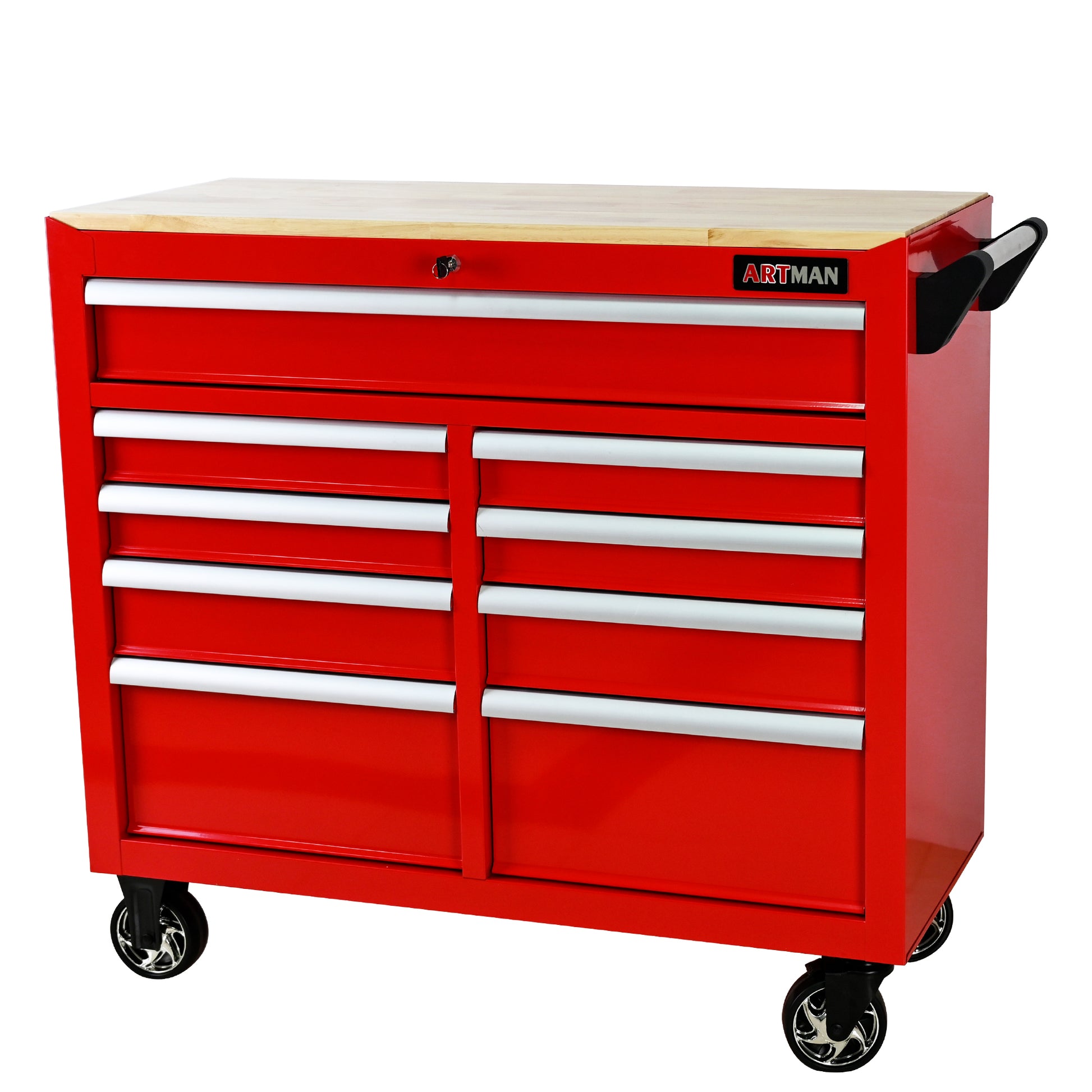 9 Drawers Multifunctional Tool Cart With Wheels And Wooden Top Red Steel