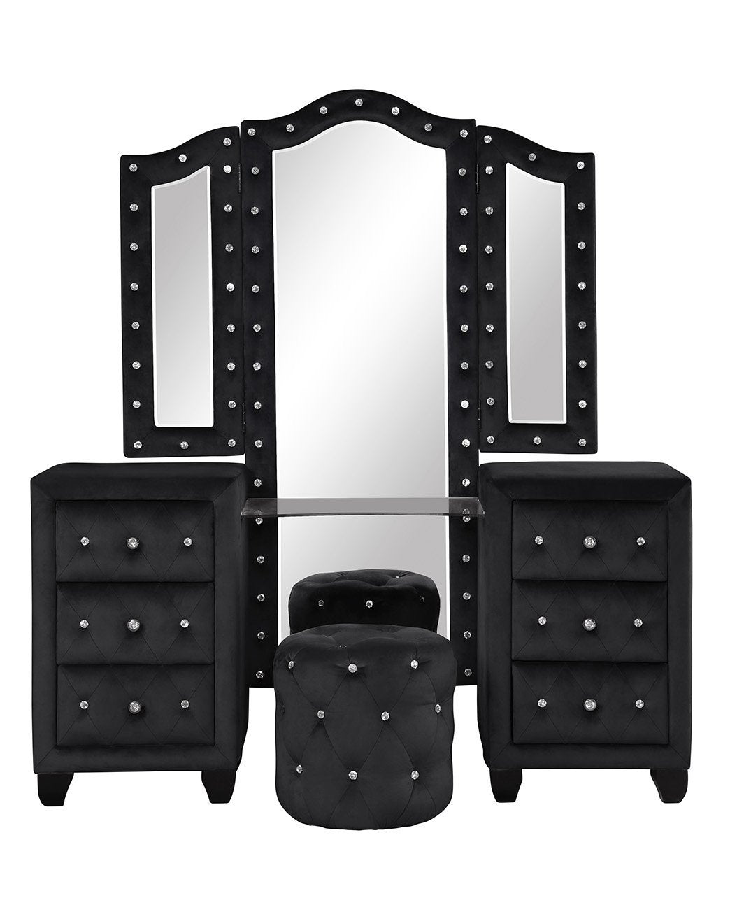Maya Crystal Tufted Queen 5 Pc Vanity Bedroom Set Made With Wood In Black Box Spring Not Required Queen Black Wood 5 Piece Set Bedroom Modern Upholstered Velvet Tufted Wood
